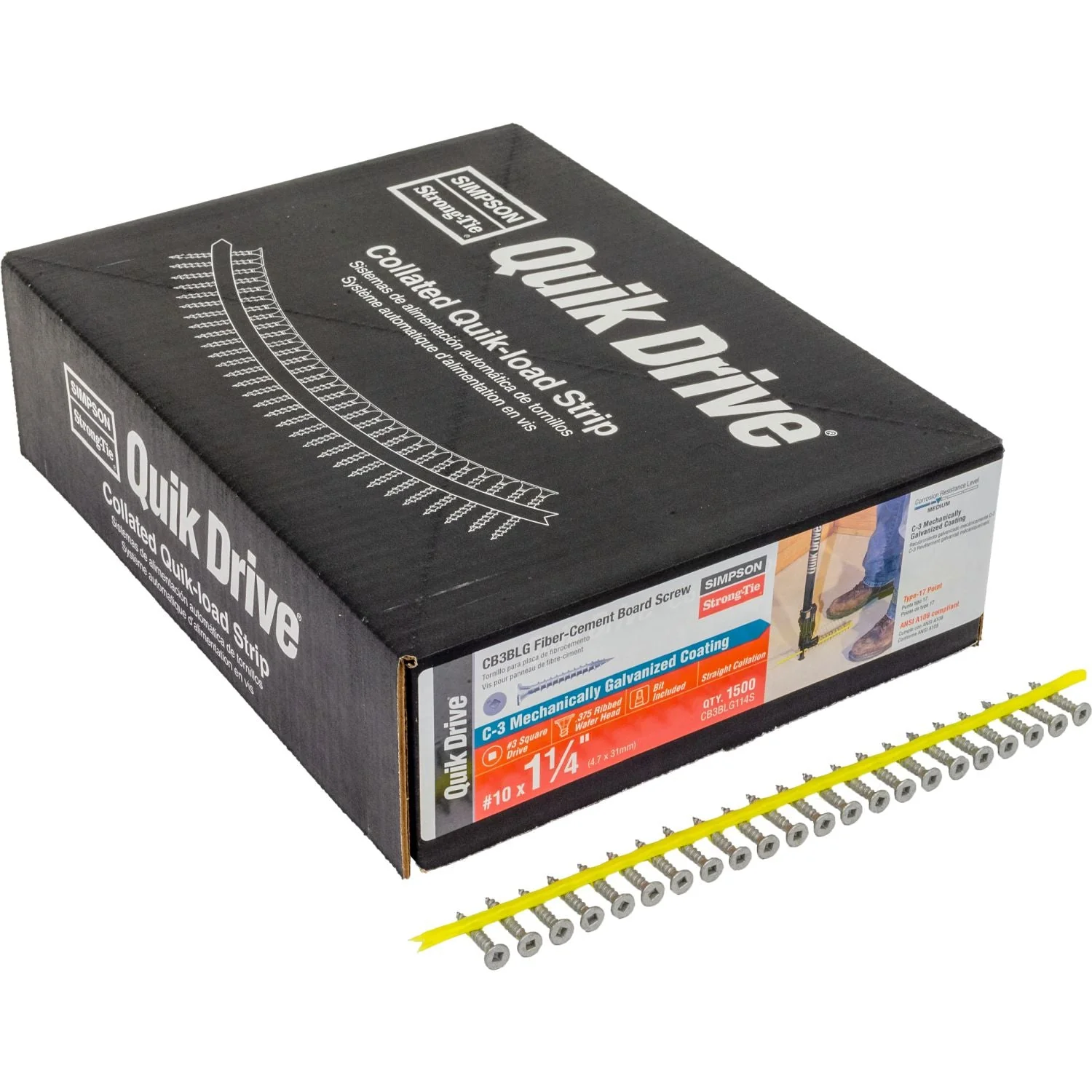 Simpson Strong-Tie CB3BLG114S CB3BLG Fiber-Cement Board Screw (Collated),  #10 x 1-1/4-in. #3 SQU, 1500-Pack - Image 2