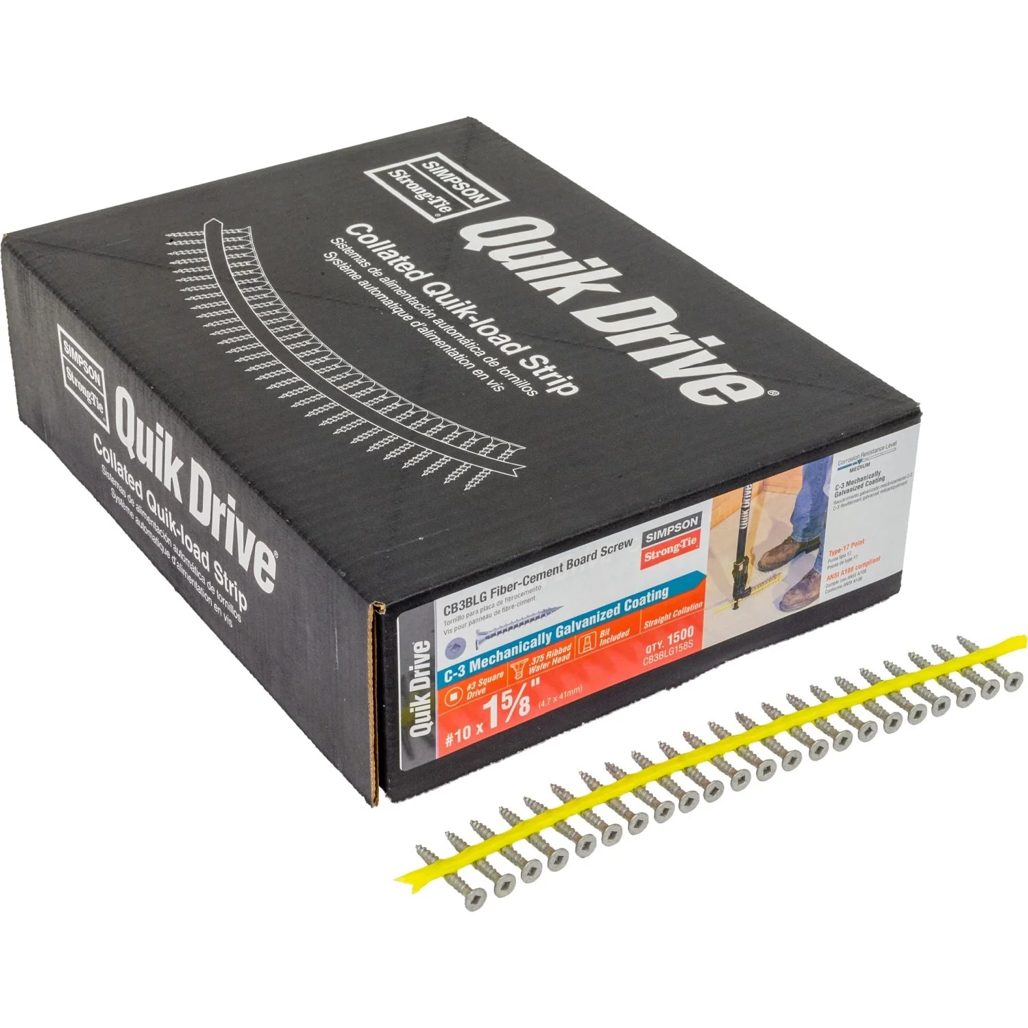Simpson Strong-Tie CB3BLG158S CB3BLG Fiber-Cement Board Screw (Collated),  #10 x 1-5/8-in. #3 SQU, 1500-Pack - Image 2