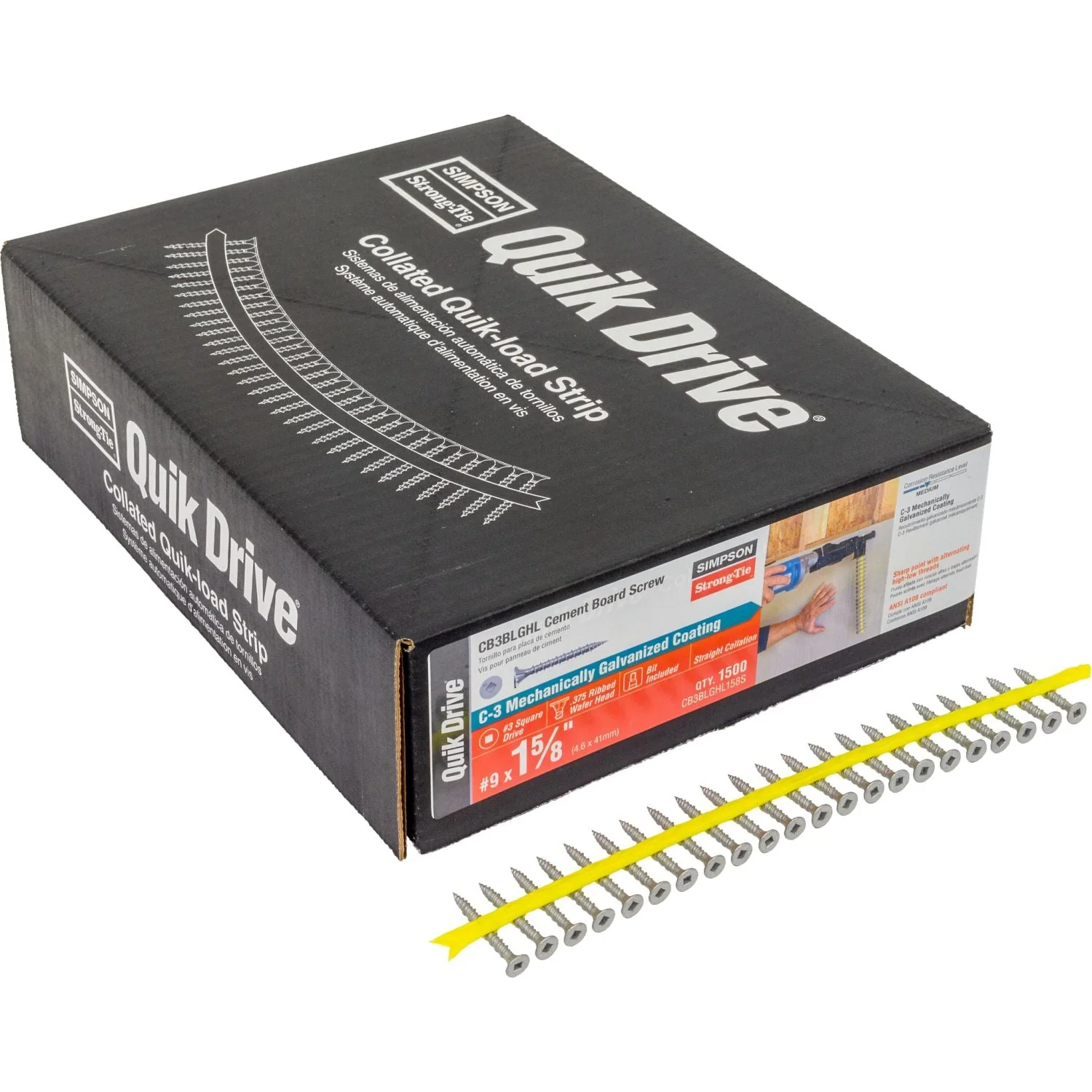 Simpson Strong-Tie CB3BLGHL158S CB3BLGHL Fiber-Cement Board Screw (Collated)— #9 x 1-5/8-in. #3 SQU, 1500-Pack - Image 2