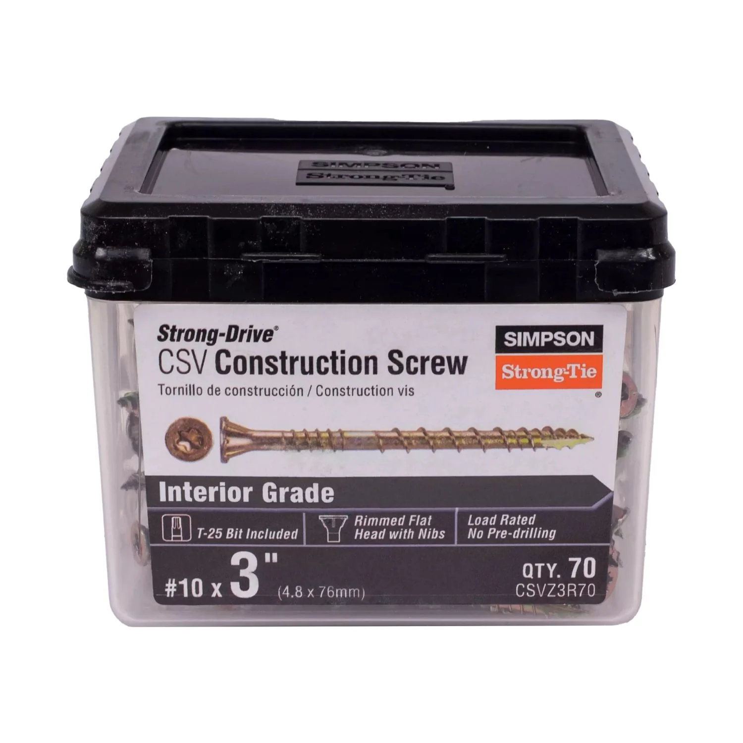 Simpson Strong-Tie CSVZ3R70 Strong-Drive CSV Construction Screw,  #10 x 3-in. T25, Flat Head, Yellow Zinc, 70-Pack - Image 2