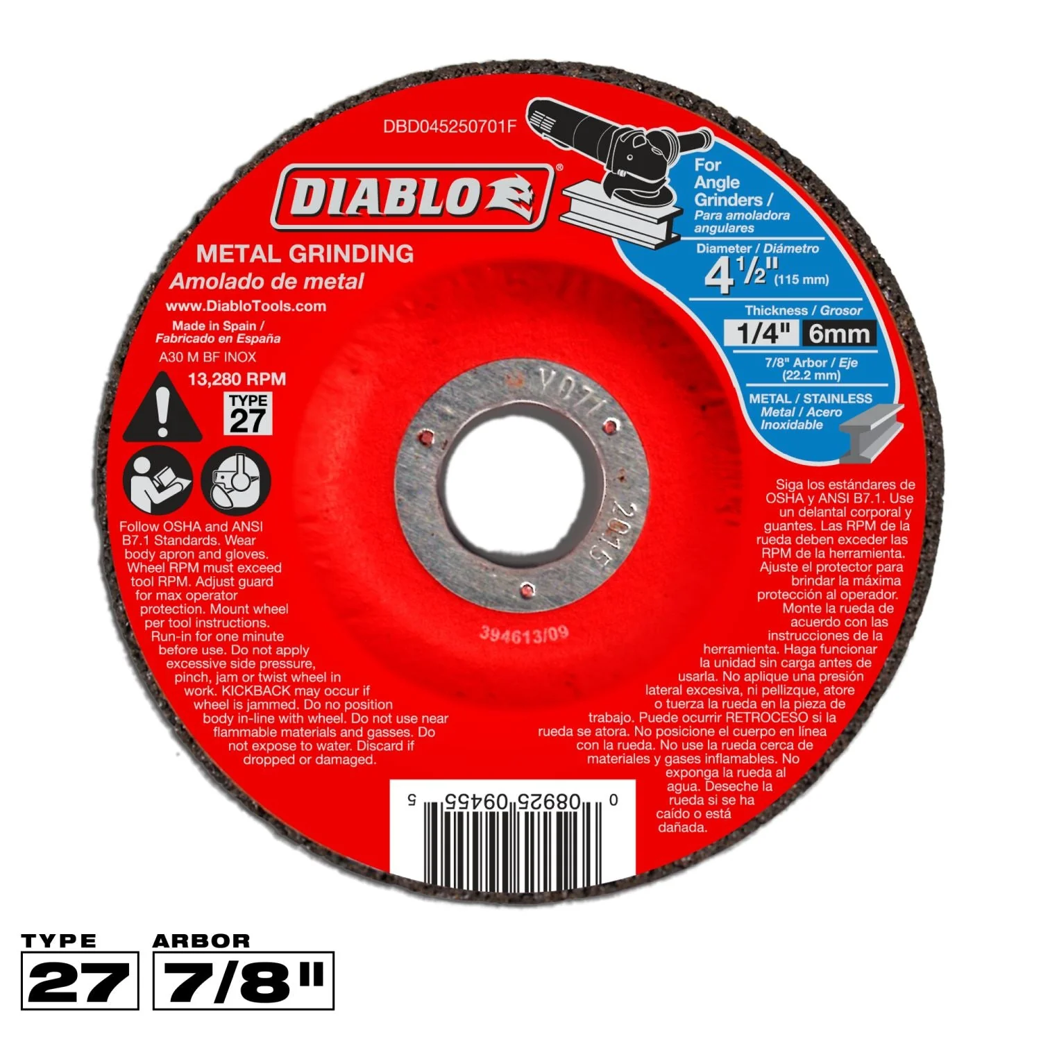 Diablo DBD045250701F 4-1/2 Inch Metal Grinding Disc – Type 27