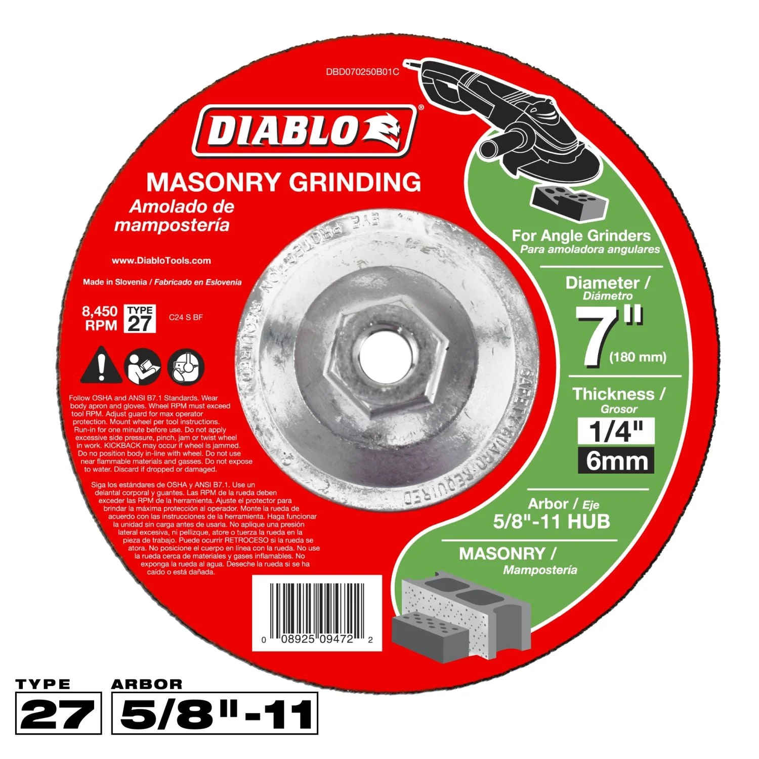 Diablo DBD070250B01C 7 Inch Masonry Grinding Disc - Type 27 HUB - Image 1