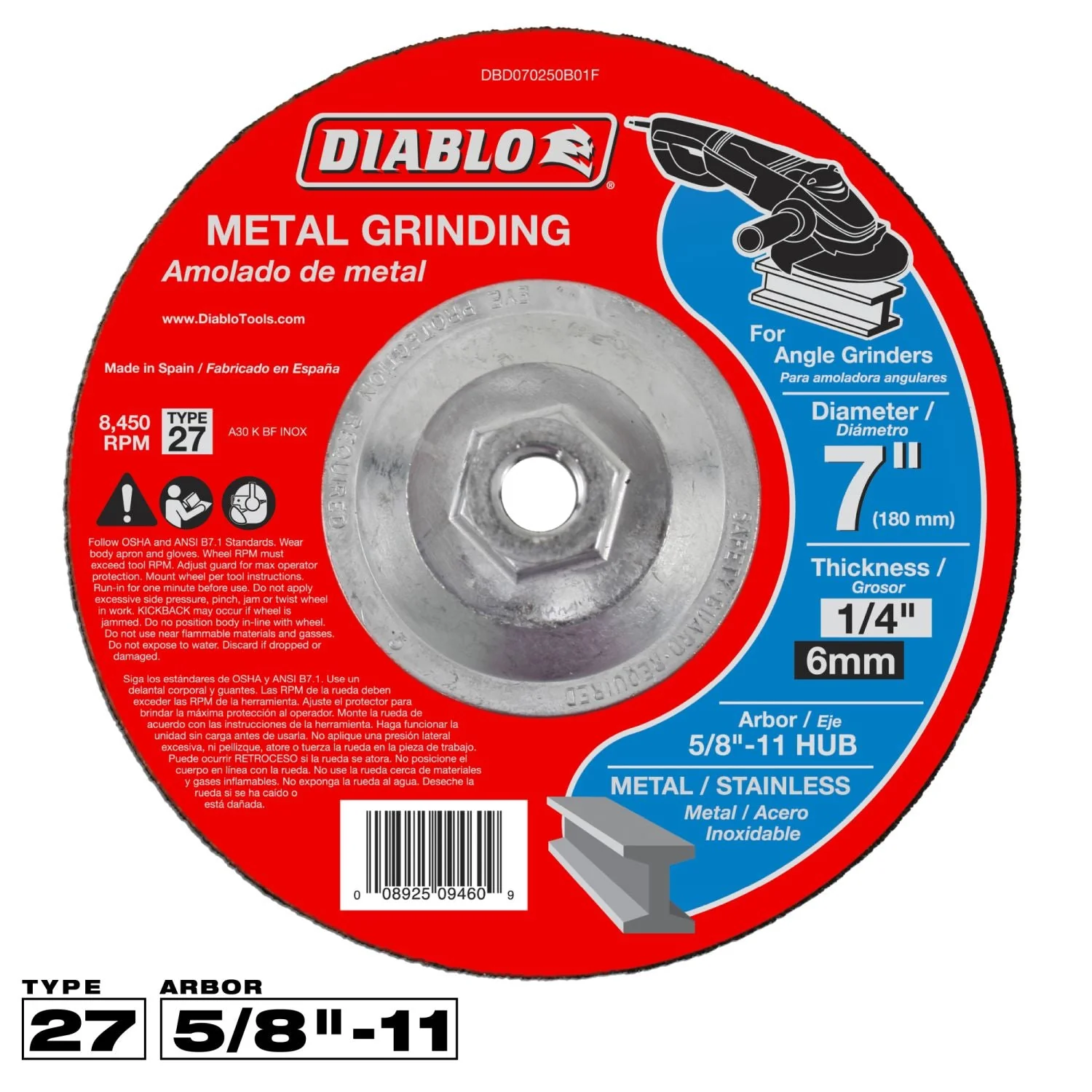 Diablo DBD070250B01F 7 Inch Metal Grinding Disc - Type 27 HUB - Image 1