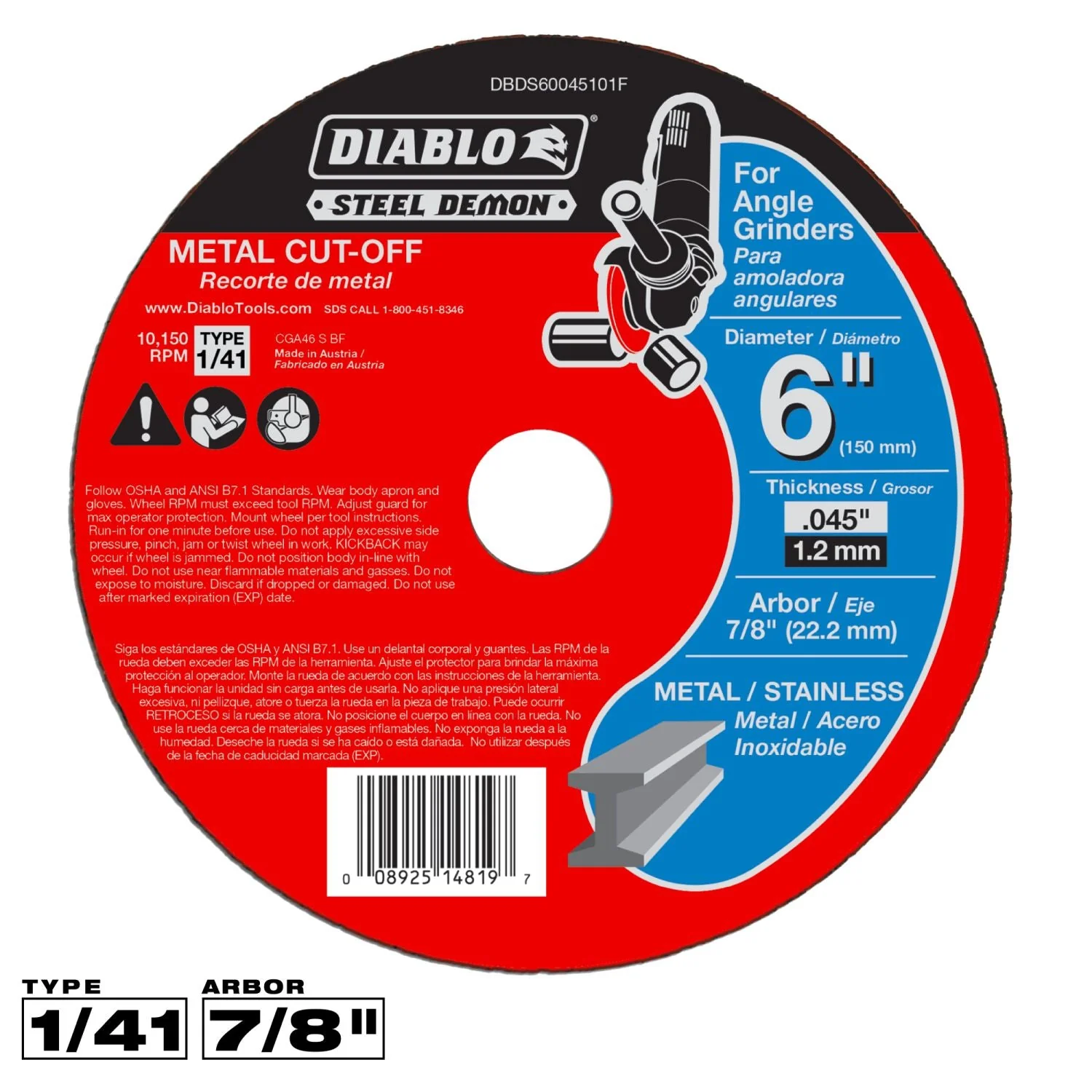 Diablo DBDS60045101F 6 in. Type 1 Steel Demon Metal Cut-Off Disc - Image 1