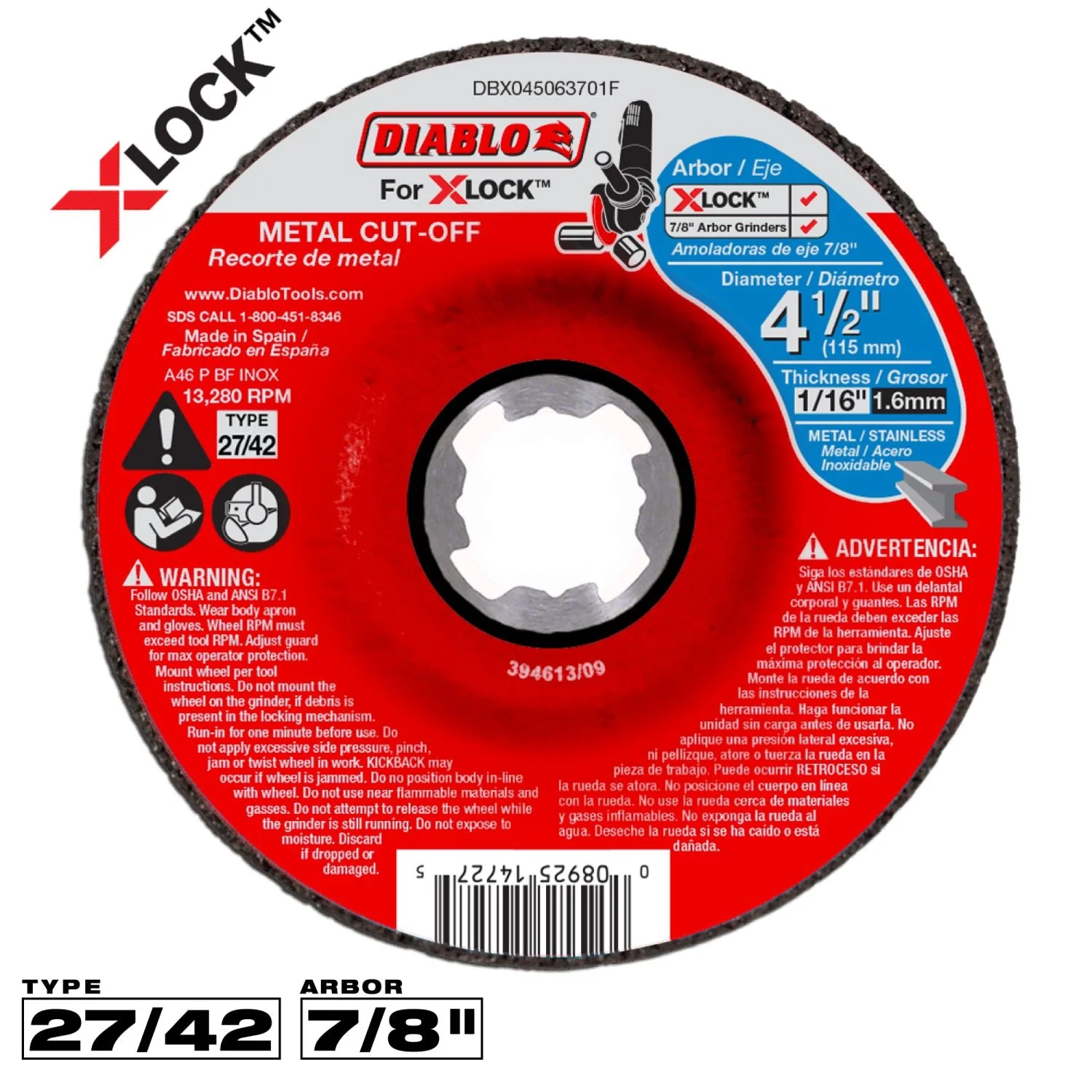 Diablo DBX045063701F 4-1/2 Inch Type 27 Metal Cut-Off Disc for X-Lock and All Grinders - Image 1