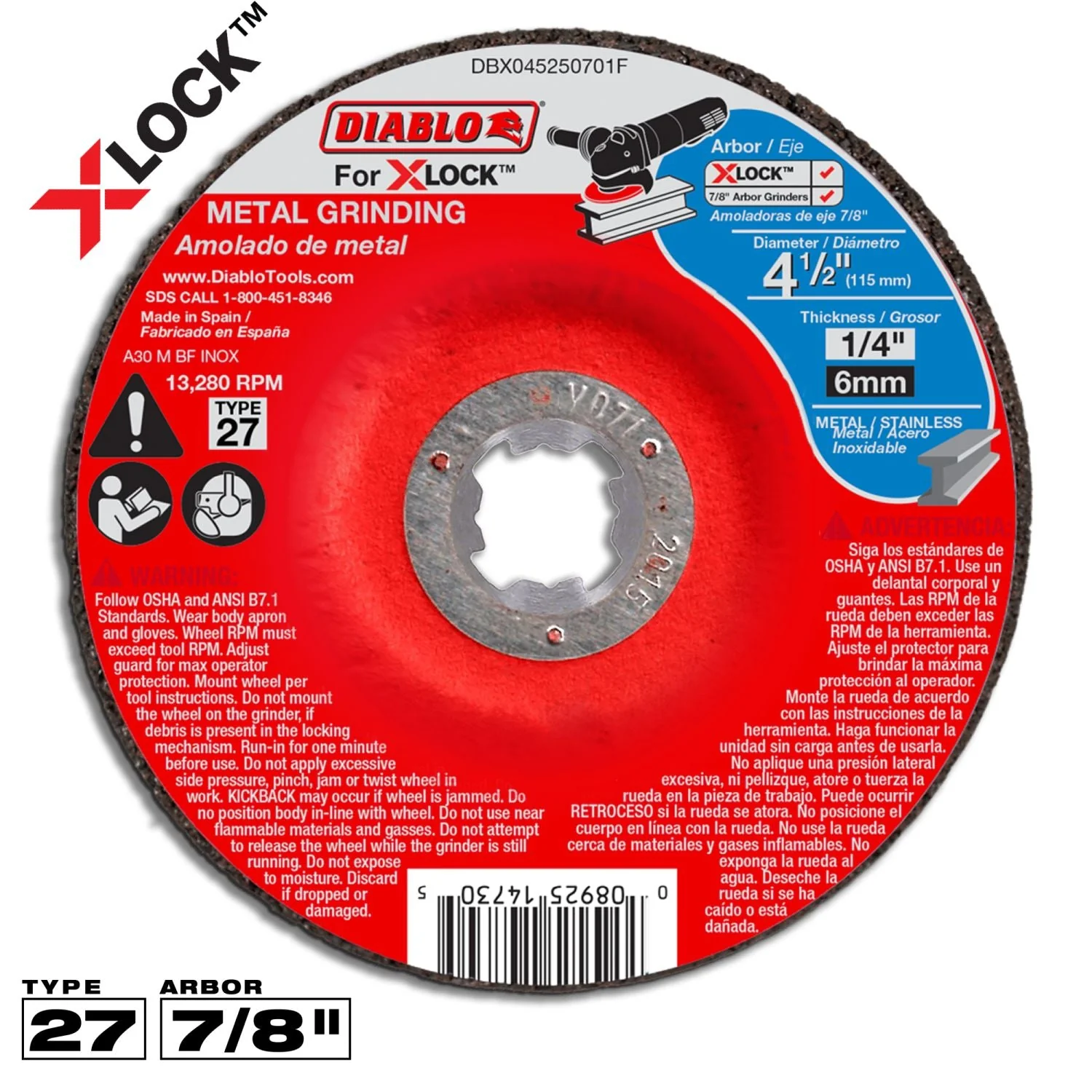 Diablo DBX045250701F 4-1/2 Inch Type 27 Metal Grinding Disc for X-Lock and All Grinders - Image 1