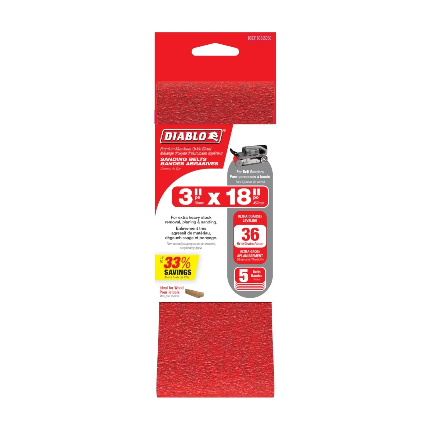 Diablo DCB318036S05G 3″x18″ Sanding Belt, 36 Grit, 5-Pack