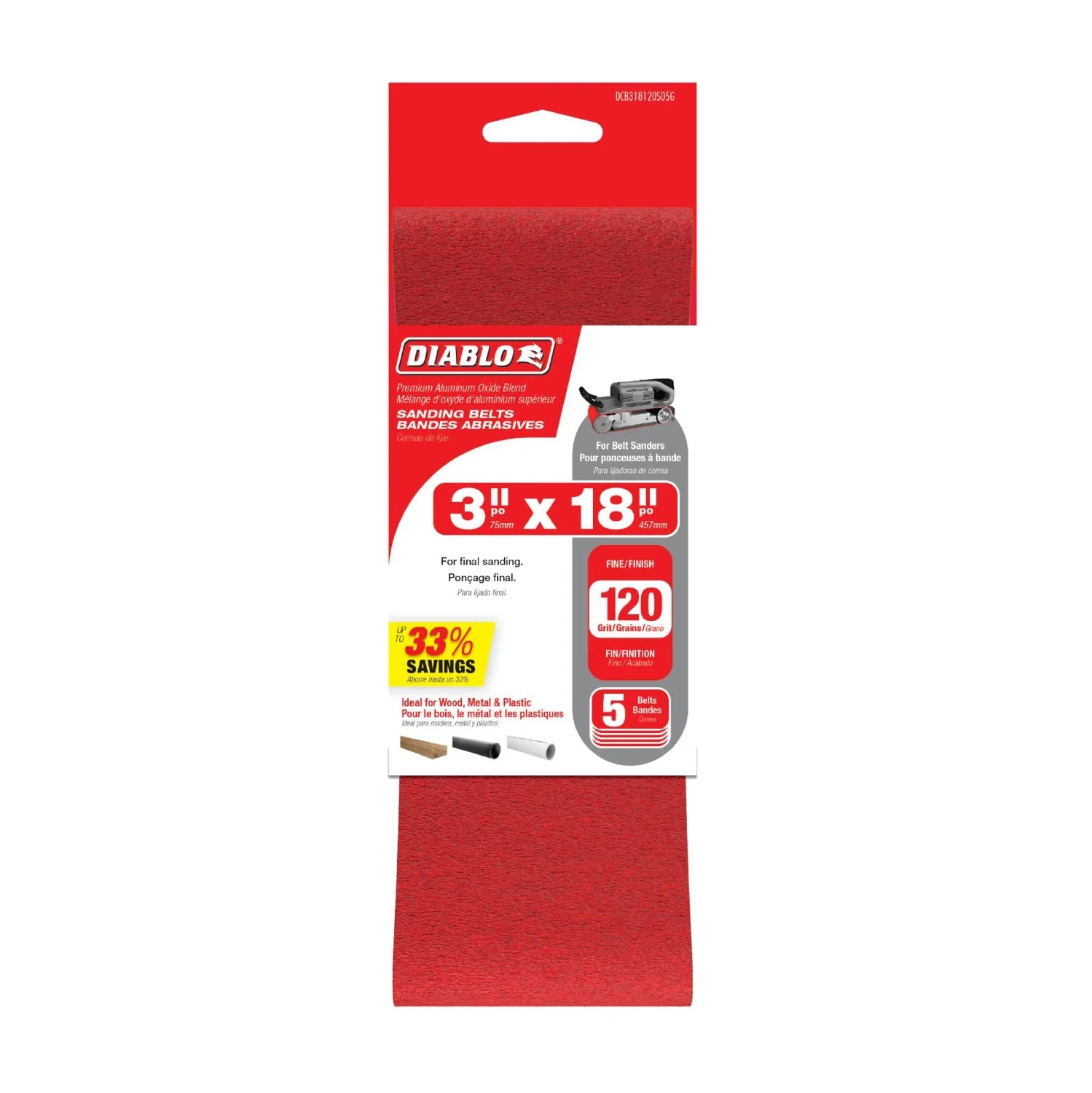 Diablo DCB318120S05G 3″x18″ Sanding Belt, 120 Grit, 5-Pack