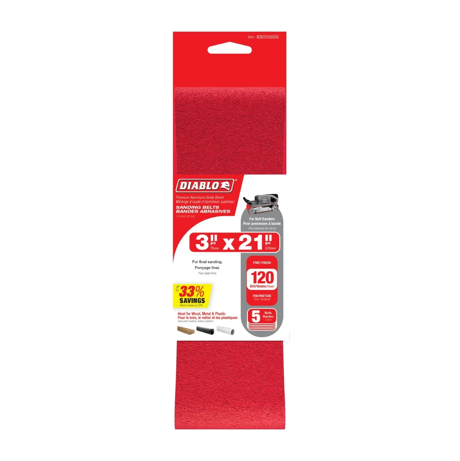 Diablo DCB321120S05G 3″x21″ Sanding Belt, 120 Grit, 5-Pack