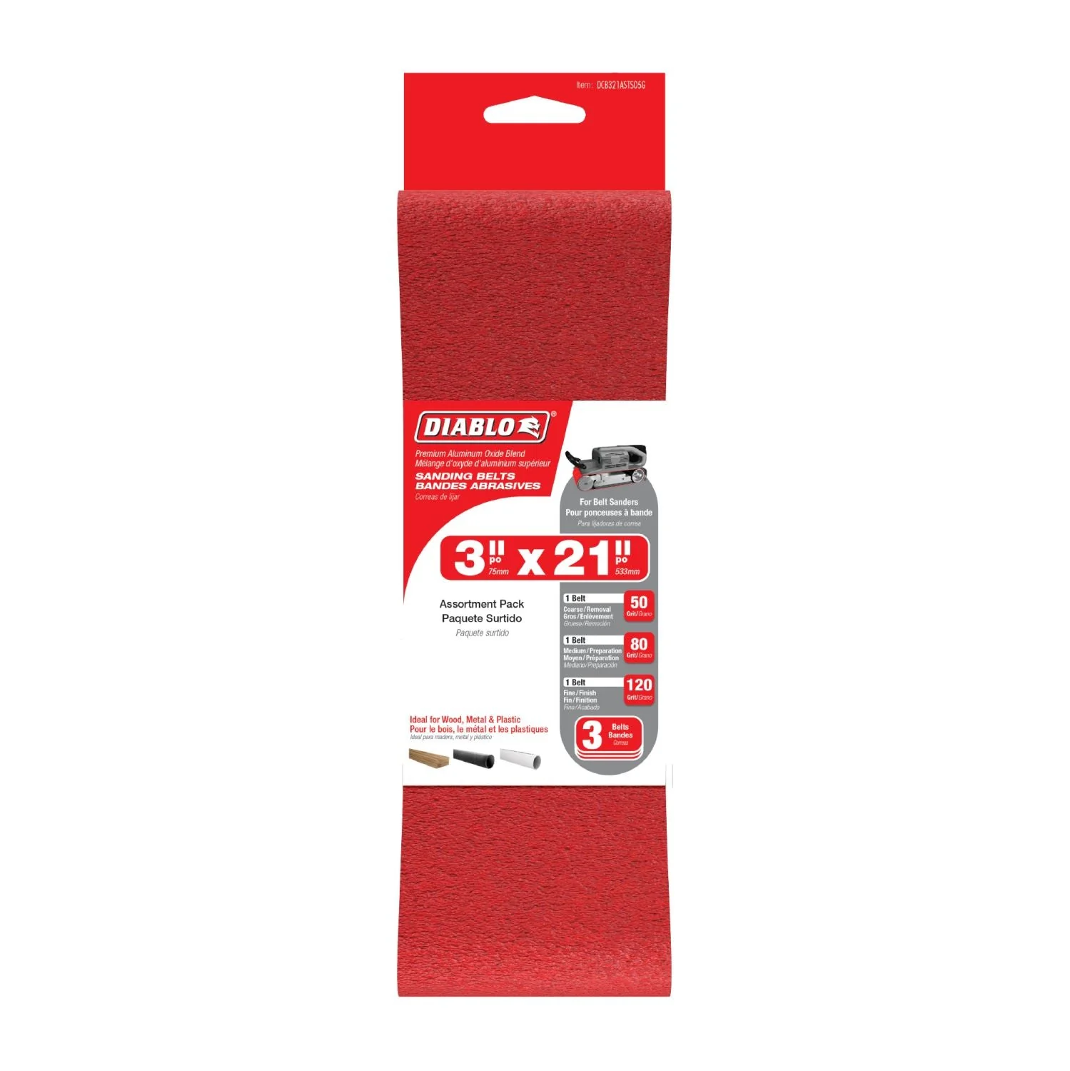 Diablo DCB321ASTS05G 3×21-In. 50/80/120-Grit Assorted Belt Pack, 5-Pack