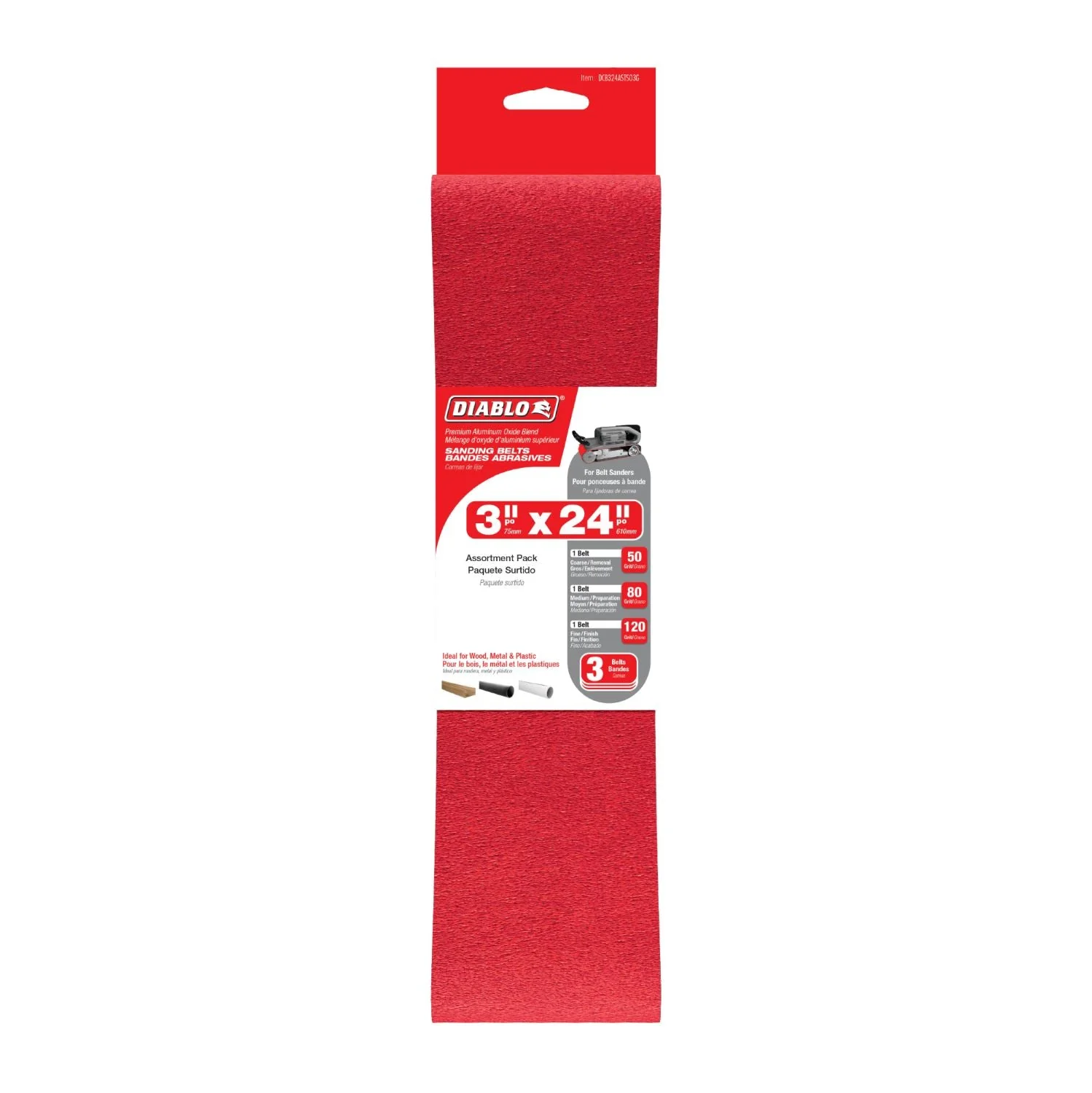 Diablo DCB324ASTS03G 3-inch x 24-inch Assorted Belt Pack, 3-Piece