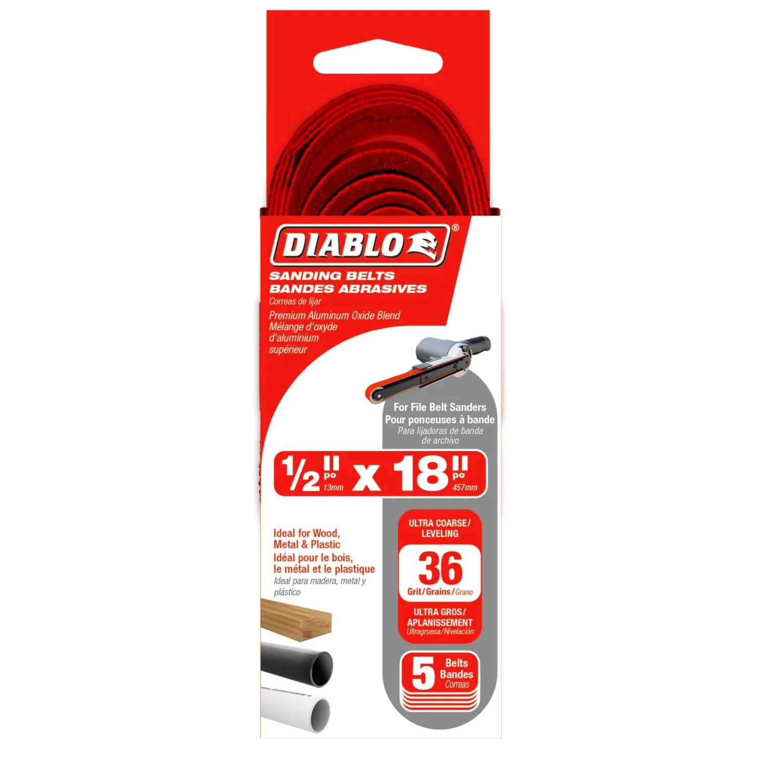 Diablo DCB518036S05G 1/2 in. x 18 in. 36-Grit (Ultra Coarse) Detail File Sanding Belt (5-Pack) - Image 2