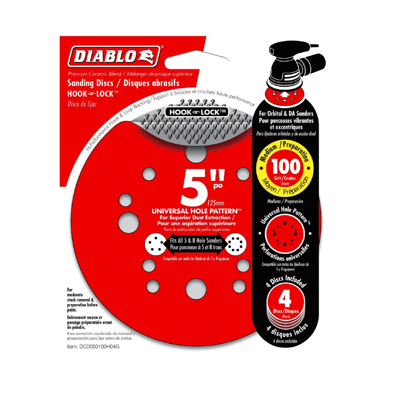 Diablo DCD050100H04G 5″ Sandpaper Hook & Loop, 100 Grit, 4-Pack
