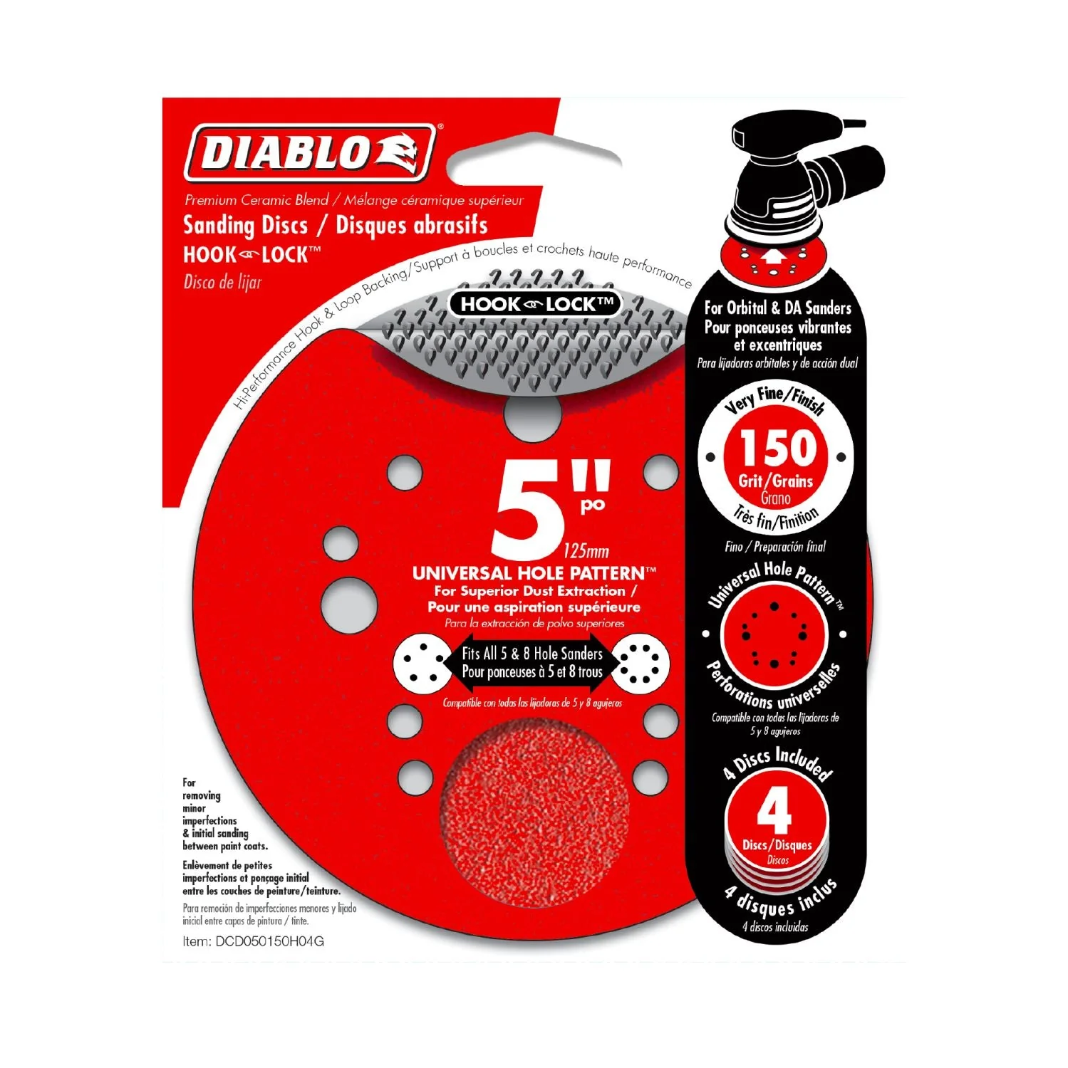 Diablo DCD050150H04G 5" Sandpaper Hook & Loop, 150 Grit, 4-Pack - Image 1