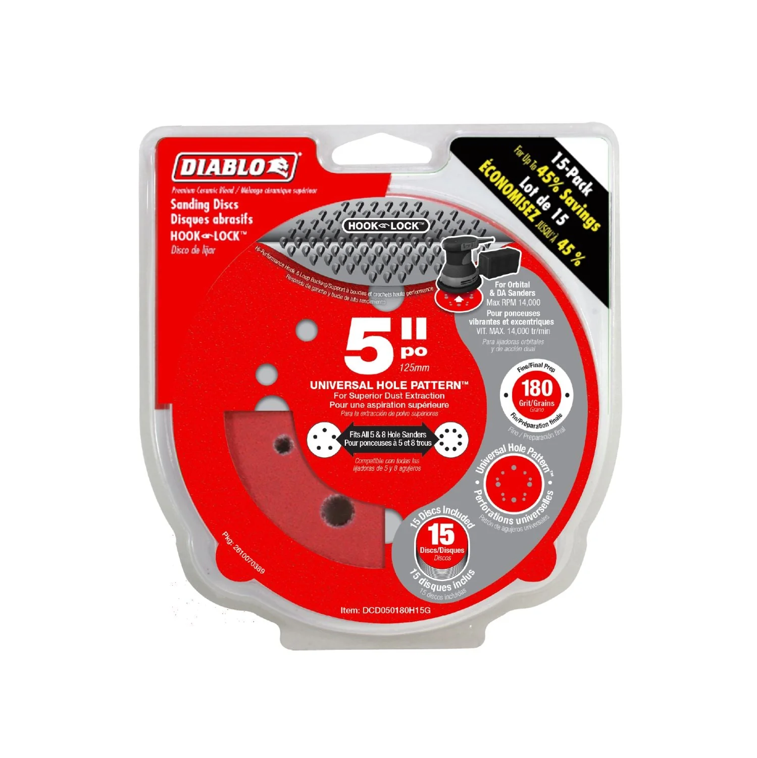 Diablo DCD050180H15G 5 Inch ROS Disc Hook & Lock 180 Grit , 15-Pack - Image 1