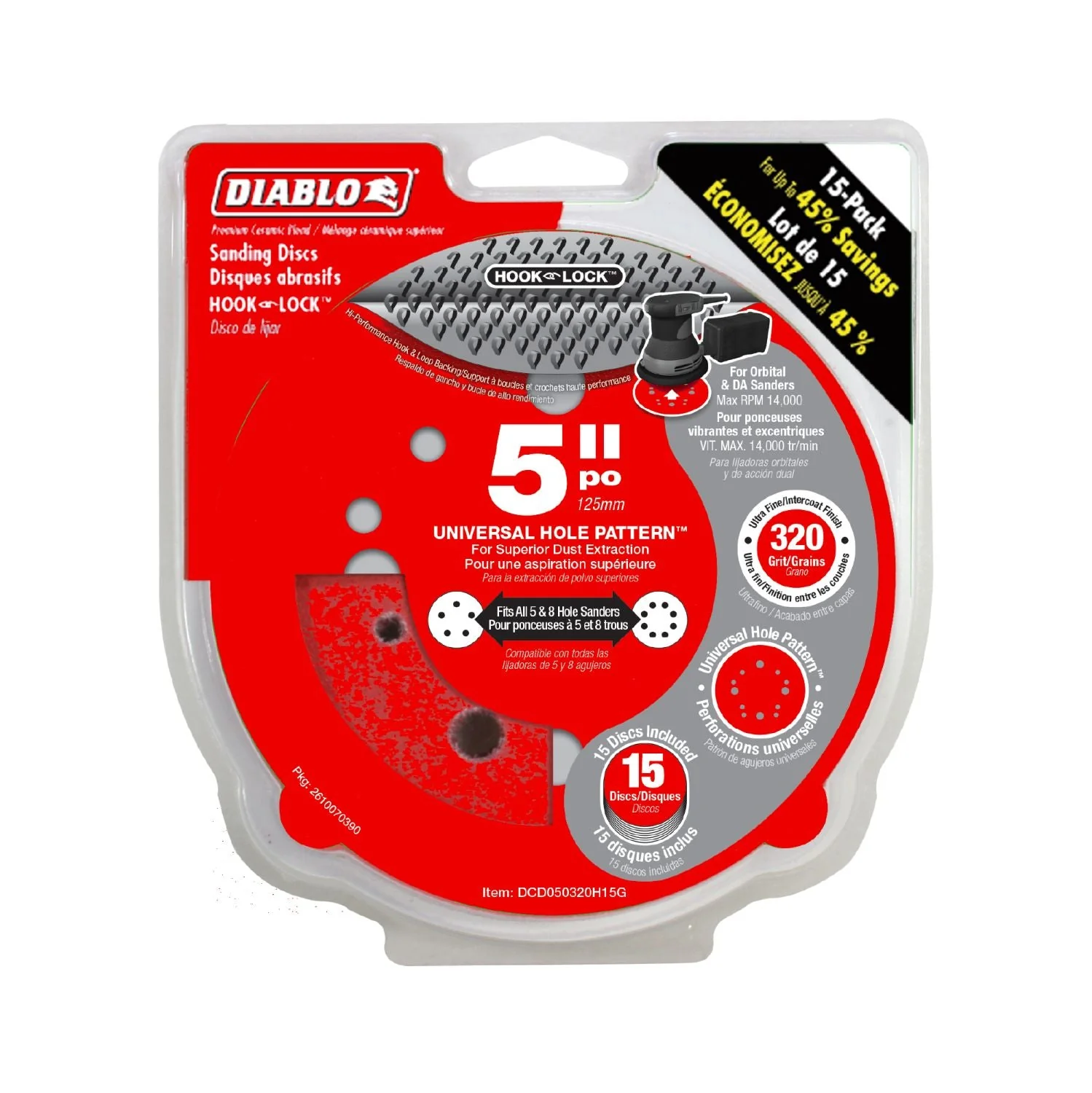 Diablo DCD050320H15G 5 Inch ROS Disc Hook & Lock 320 Grit , 15-Pack - Image 1