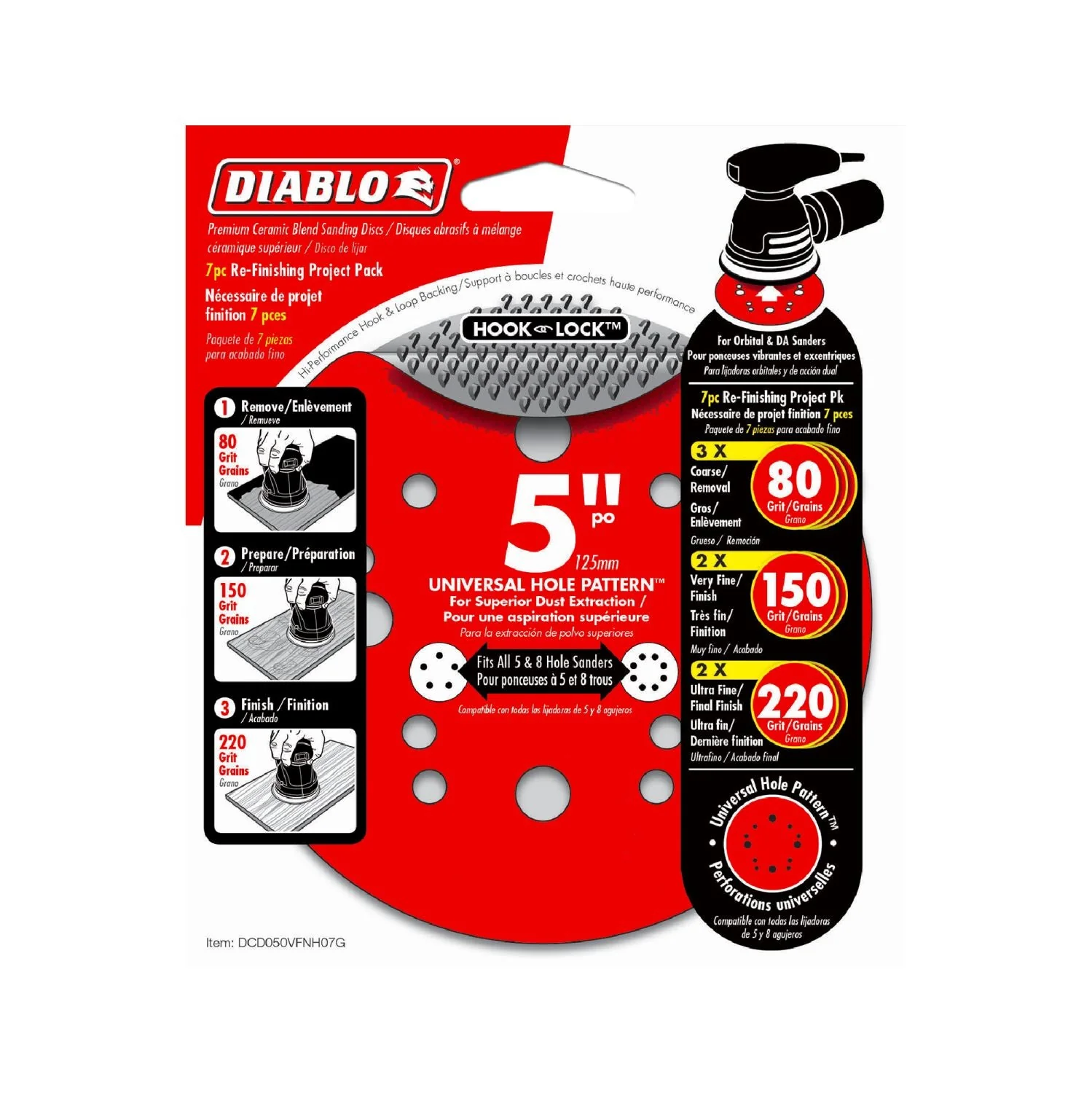 Diablo DCD050VFNH07G 5" Sandpaper Hook & Loop, 80-220 Grit, 7-Pack - Image 1