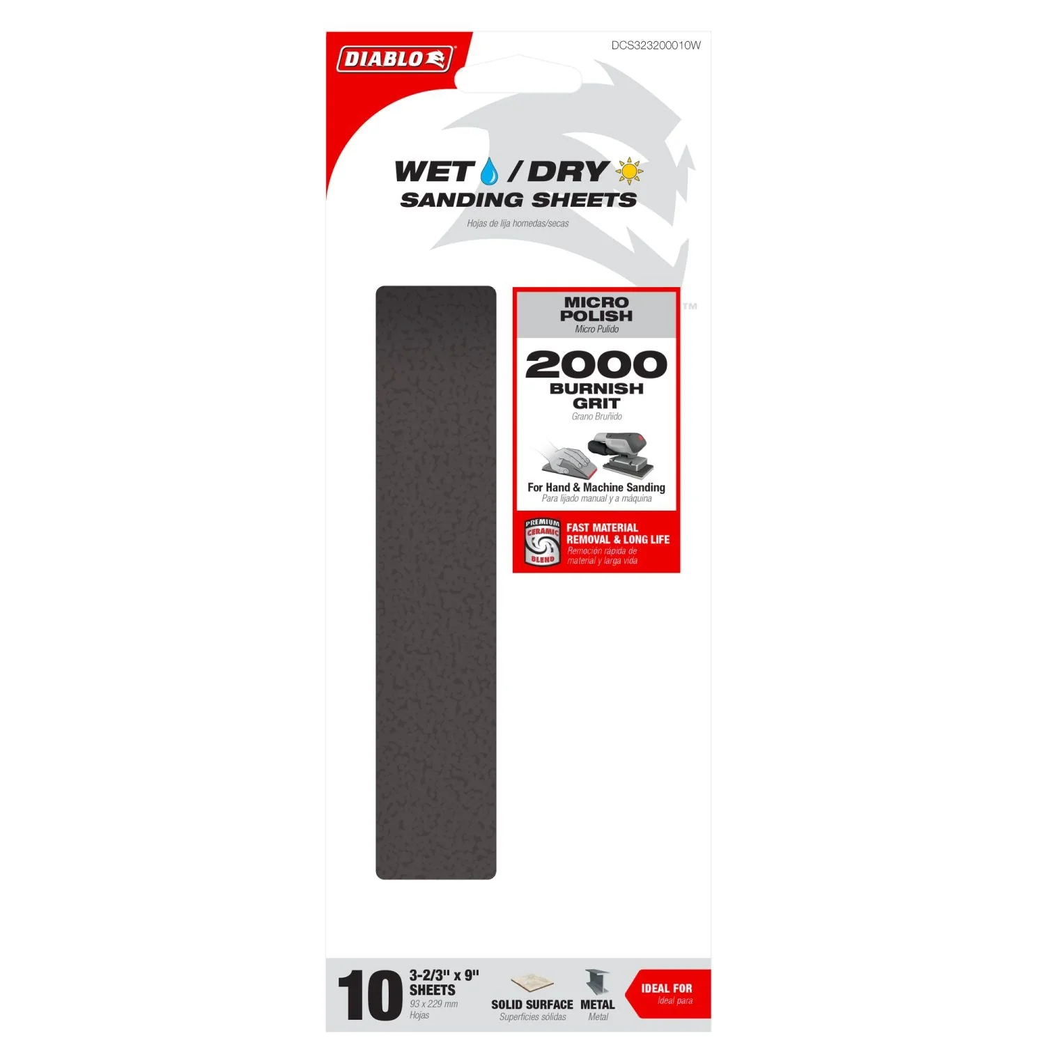 Diablo DCS323200010W Wet/Dry 1/3 Sheet (3-2/3 in x 9-inch) 2000-Grit (Micro Polish) Sanding Sheet, 10-Piece - Image 1