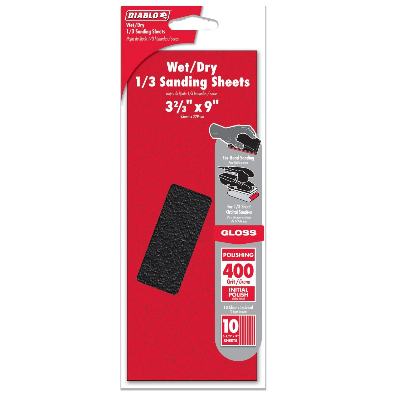 Diablo DCS323400S10W Wet/Dry 1/3 Sheet (3-2/3 in x 9-inch) 400-Grit (Polishing) Sanding Sheet, 10-Piece - Image 1