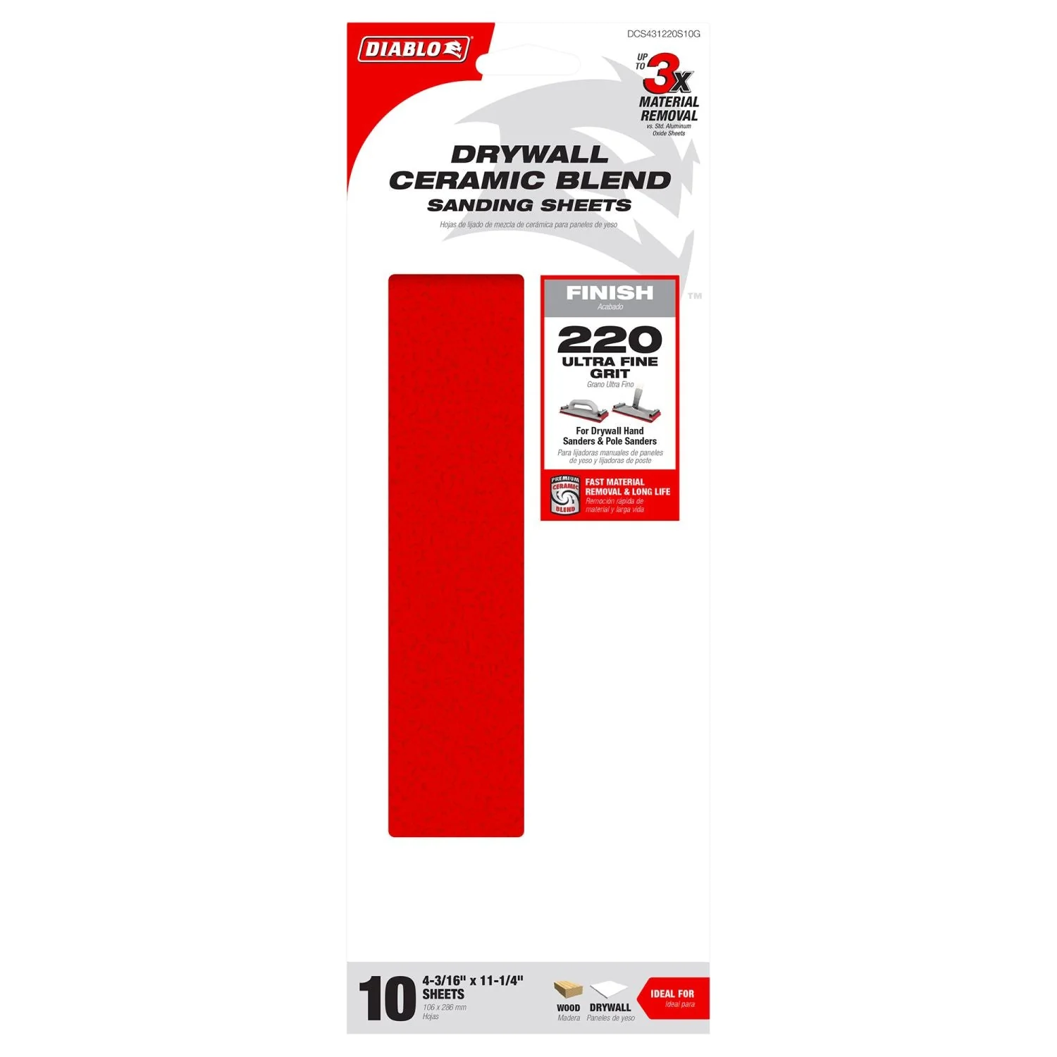 Diablo DCS431220S10G 4-3/16-inch x 11-1/4-inch 220-Grit (Ultra Fine) Drywall Sanding Sheet, 10-Piece - Image 1
