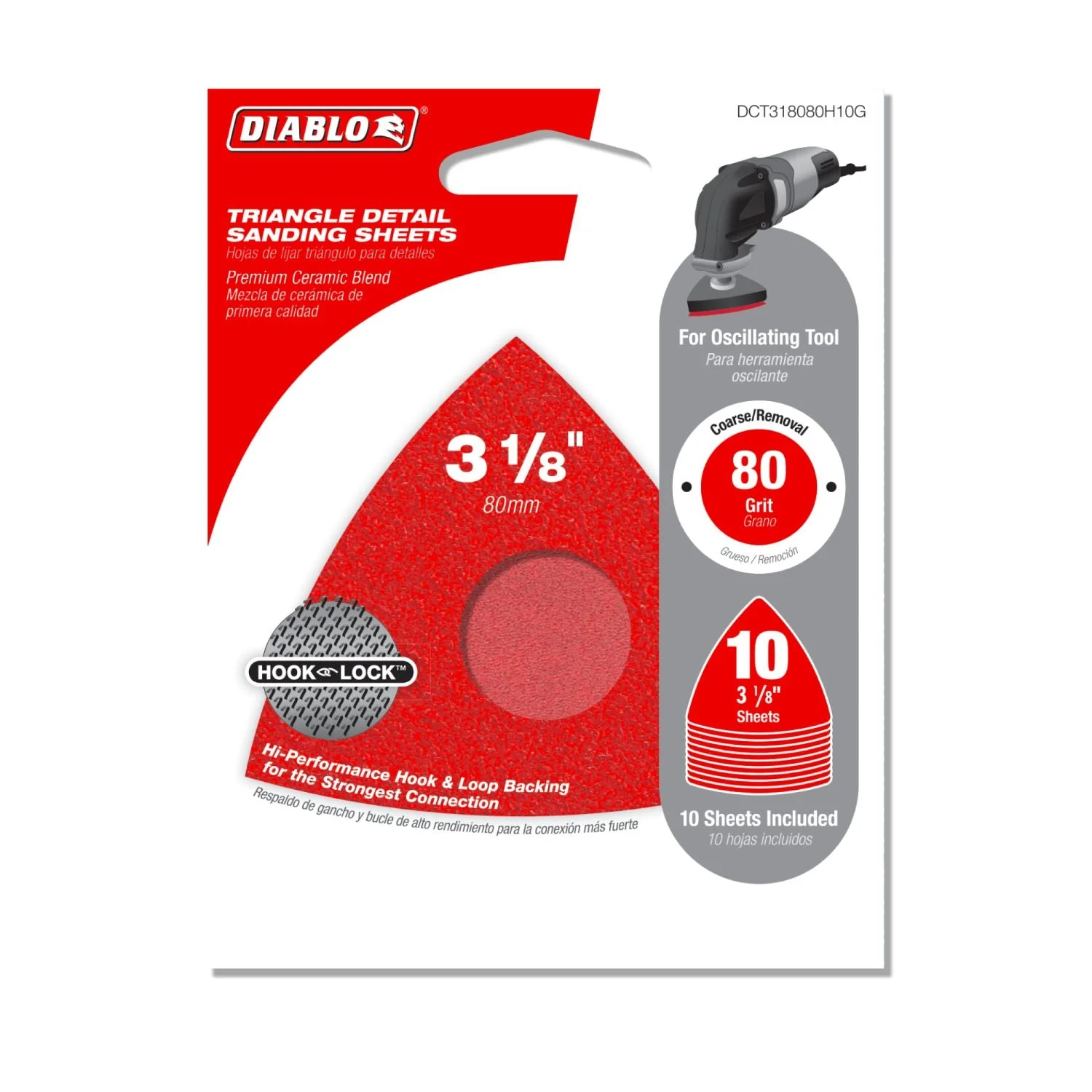 Diablo DCT318080H10G 3-1/8 in. 80-Grit (Coarse) Oscillating Detail Triangle Sanding Sheets (10-Pack) - Image 2