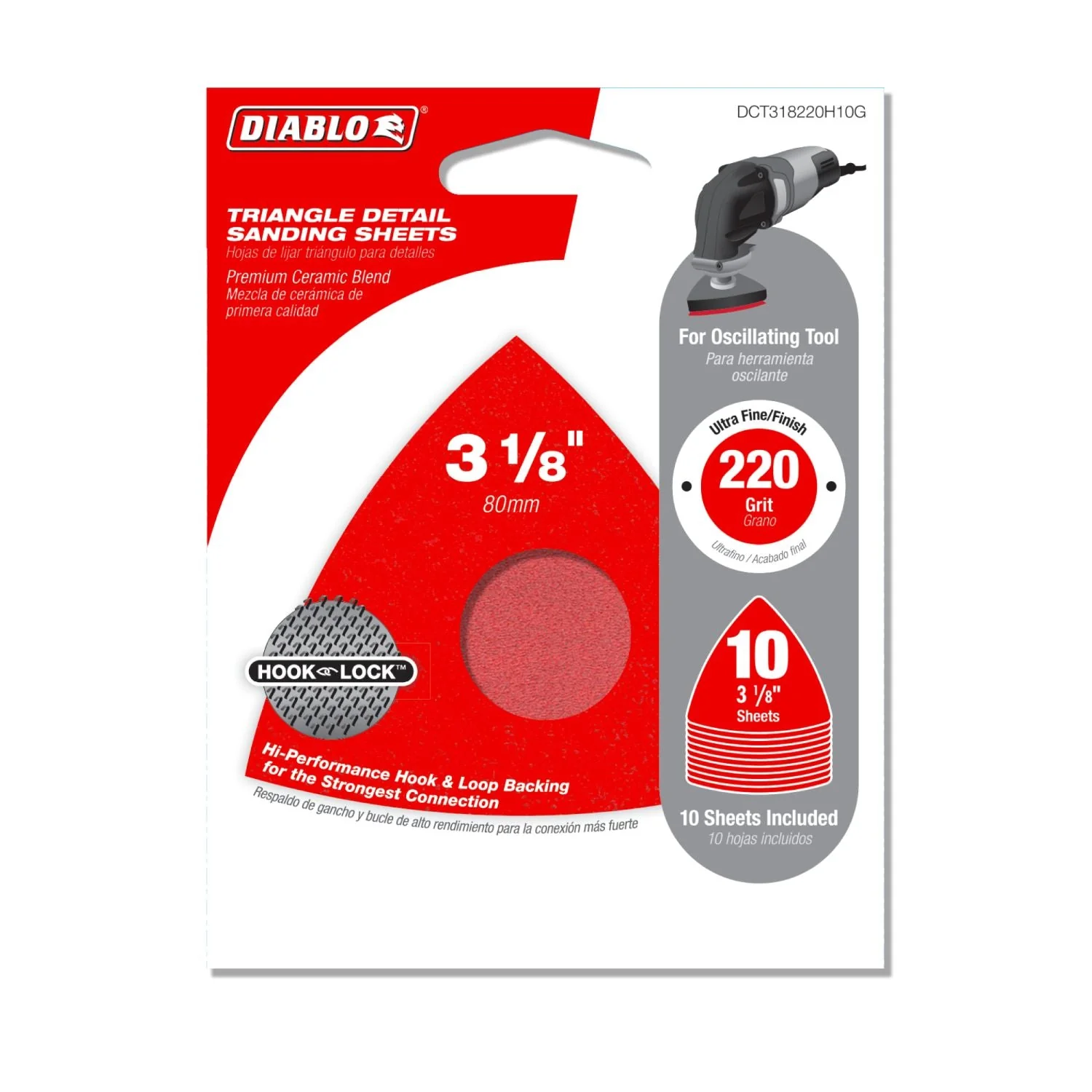 Diablo DCT318220H10G 3-1/8 in. 220-Grit (Fine) Oscillating Detail Triangle Sanding Sheets (10-Pack) - Image 2