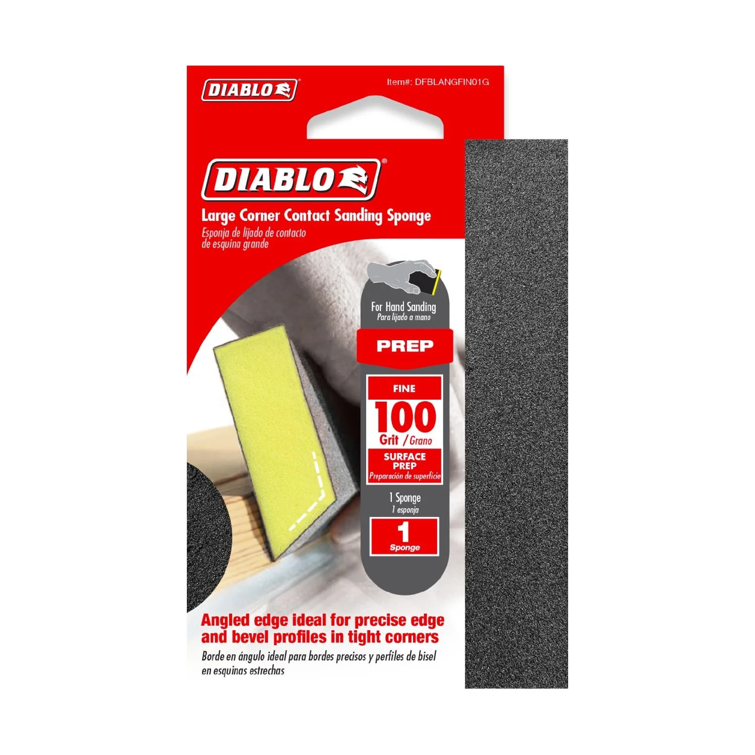 Diablo DFBLANGFIN01G 5 in. x 3 in. x 1 in. 100 Grit Corner Contact Sanding Sponge - Image 2