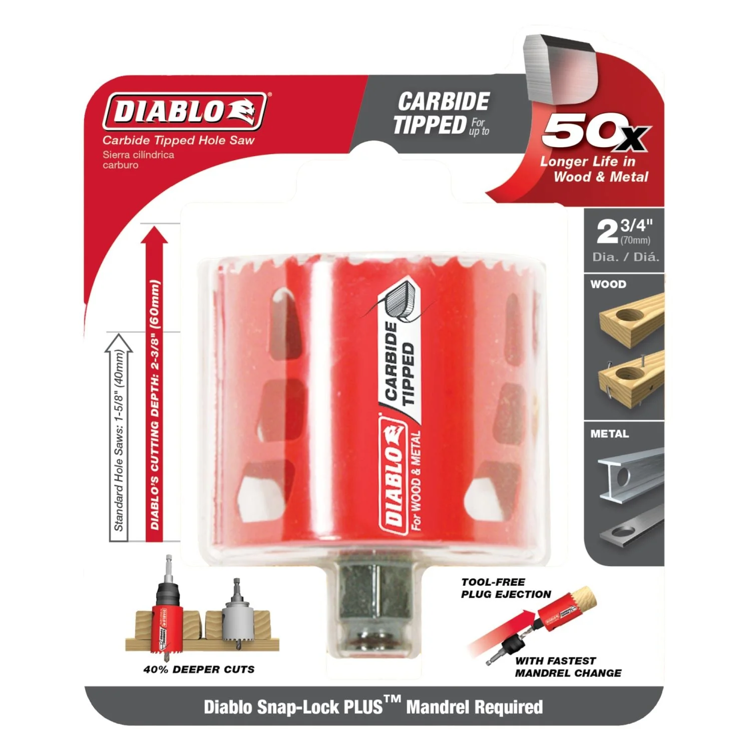 Diablo DHS2750CT 2-3/4 Inch Carbide-Tipped Wood & Metal Holesaw - Image 1