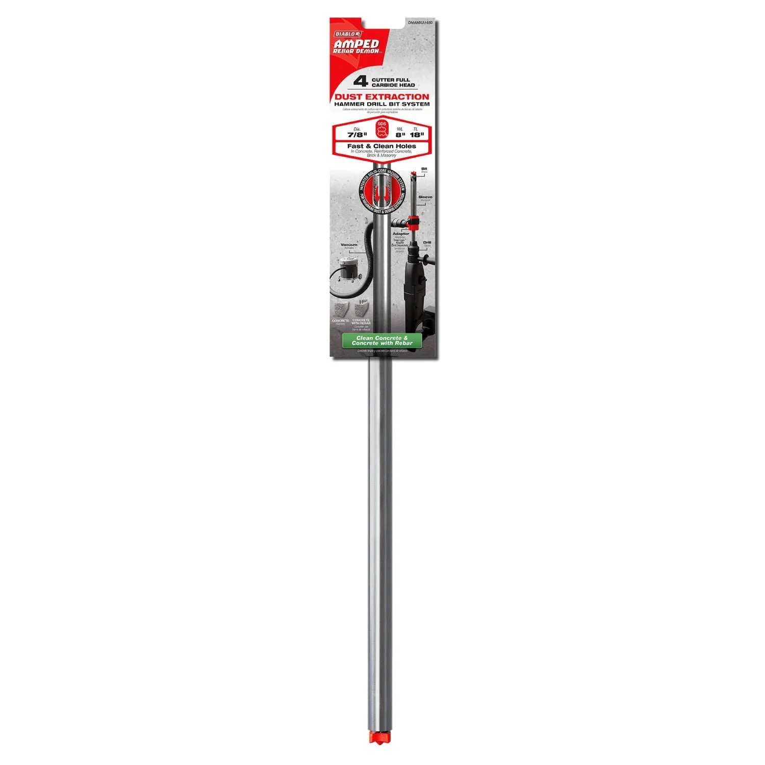 Diablo DMAMXA1650 7/8-in. x 8-in. x 18-in. AMPED Rebar Demon SDS-Max 4-Cutter Full Carbide Head Dust Extraction Hammer Drill Bit - Image 2