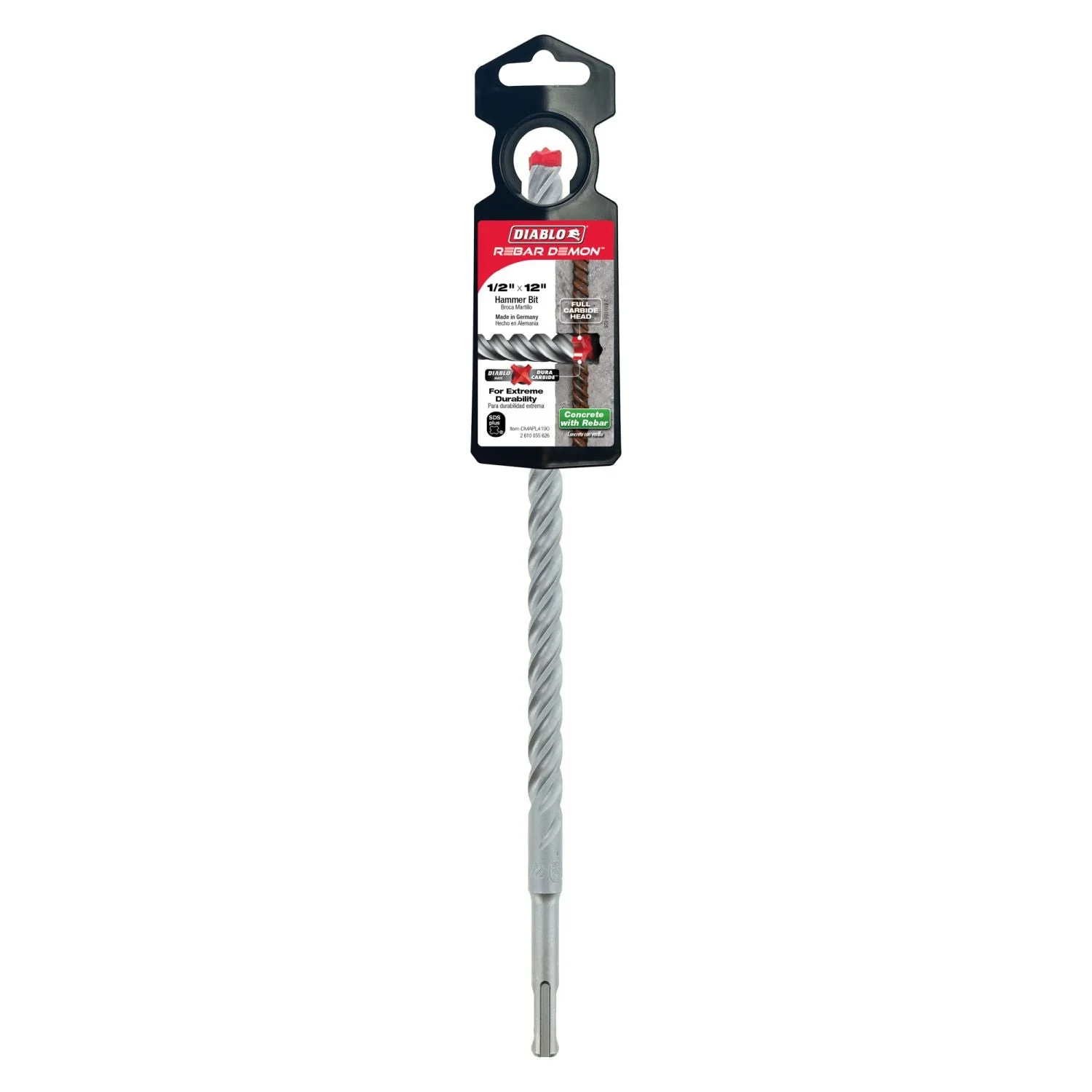 Diablo DMAPL4190 1/2-in. x 10-in. x 12-in. Rebar Demon SDS-Plus 4-Cutter Full Carbide Head Hammer Drill Bit - Image 1