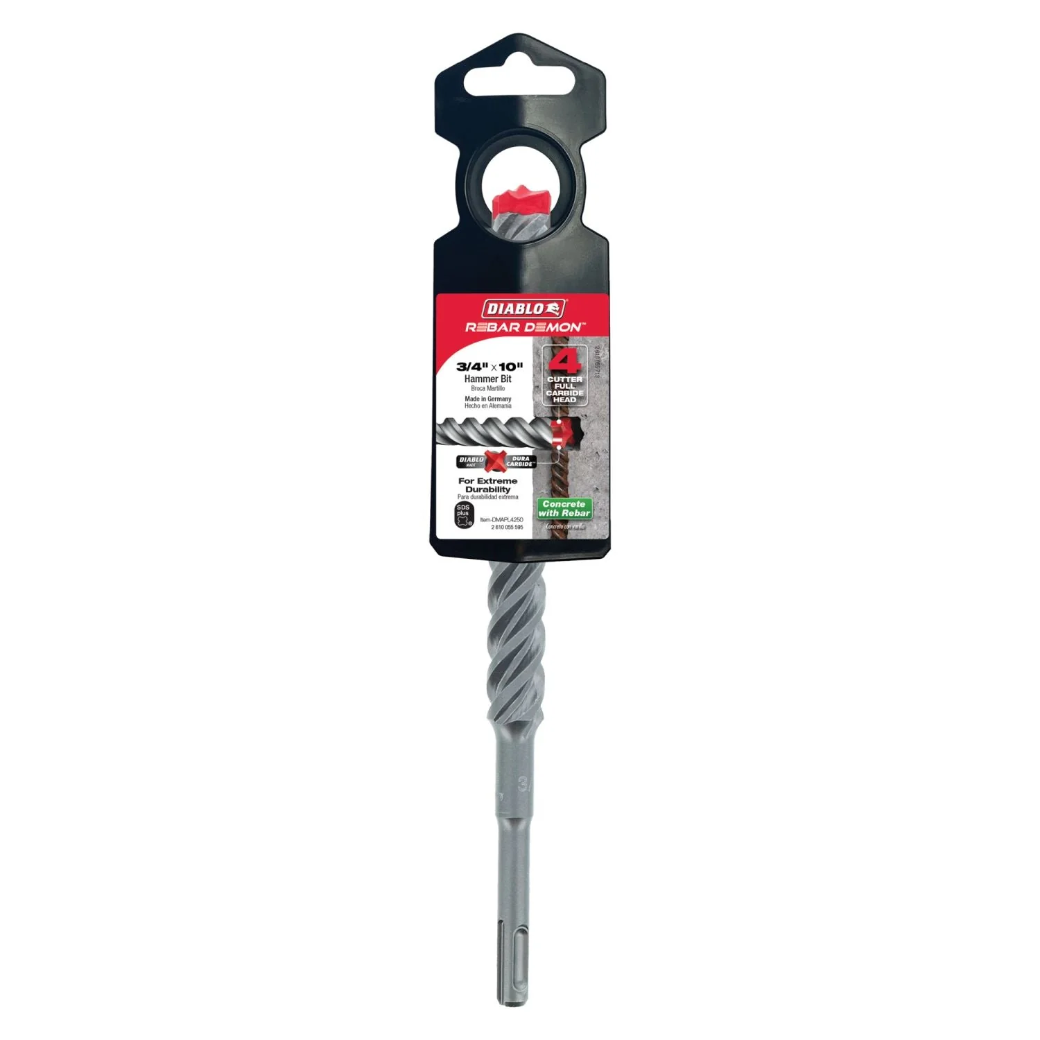 Diablo DMAPL4250 3/4 Inch x 8 Inch x 10 Inch Rebar Demon SDS-Plus 4-Cutter Full Carbide Head Hammer Drill Bit - Image 1