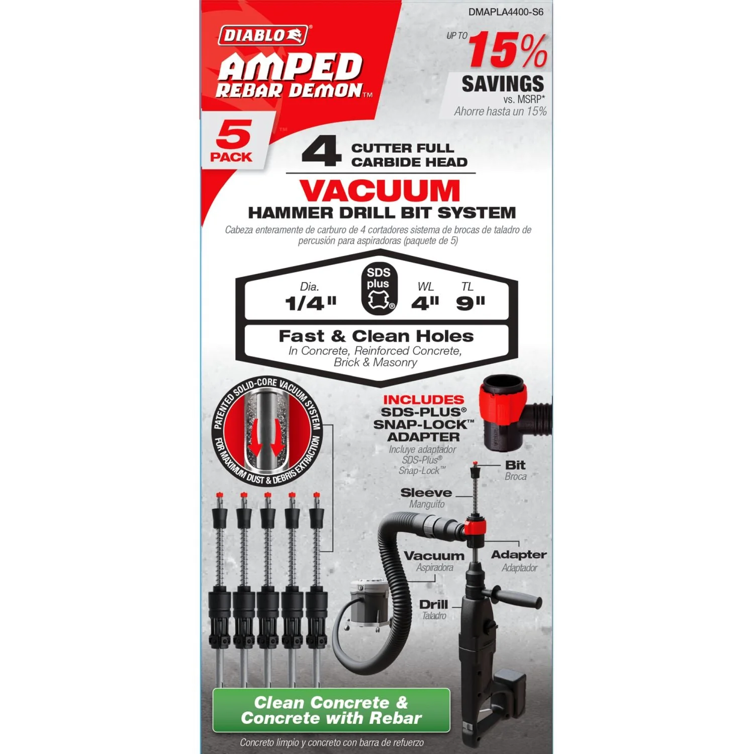 Diablo DMAPLA4400-S6 1/4-in. x 4-in. x 9-in. AMPED Rebar Demon SDS-Plus 4-Cutter Full Carbide Head Dust Extraction Hammer Drill Bit, 5-Pack - Image 2