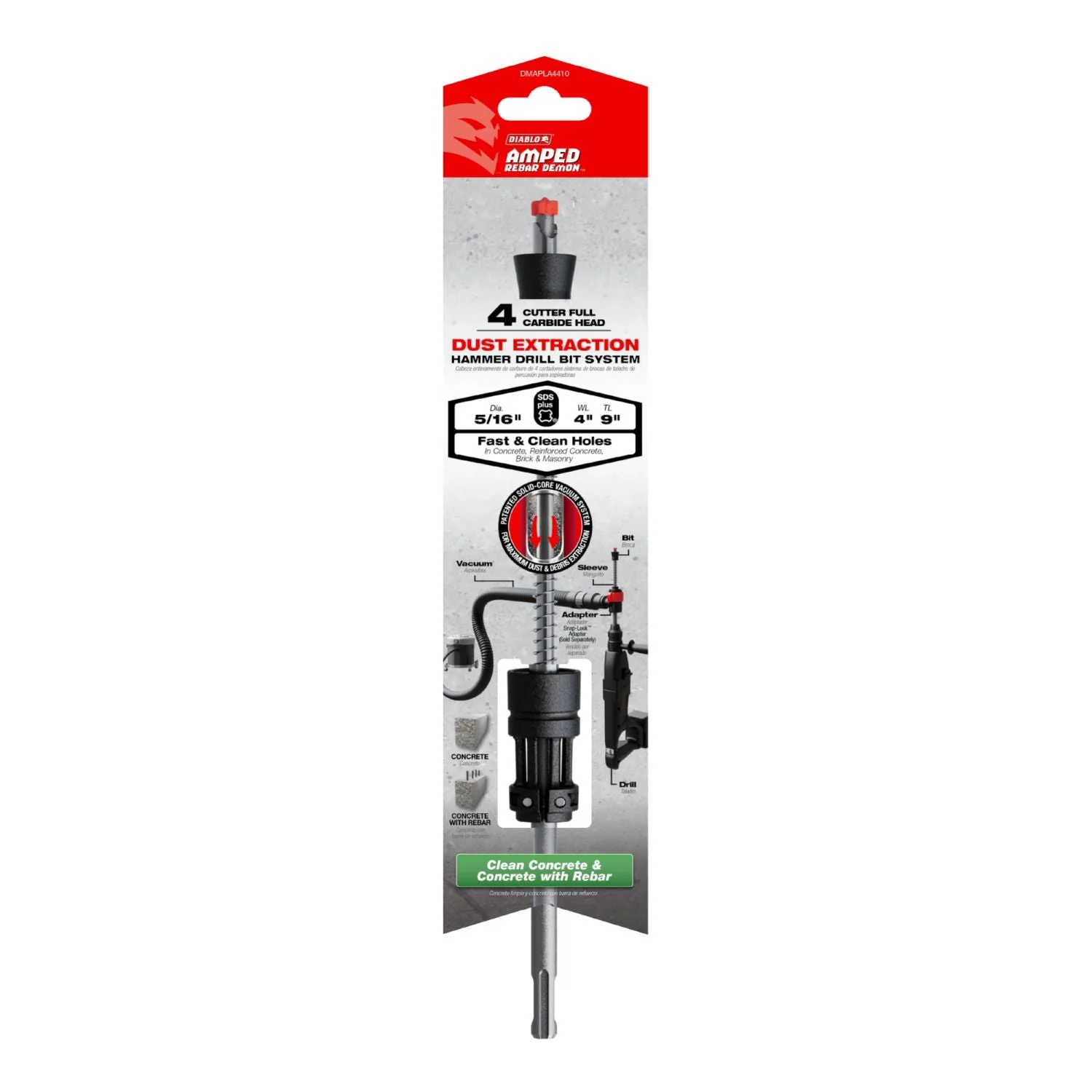 Diablo DMAPLA4410 5/16-in. x 4-in. x 9-in. AMPED Rebar Demon SDS-Plus 4-Cutter Full Carbide Head Dust Extraction Hammer Drill Bit - Image 2