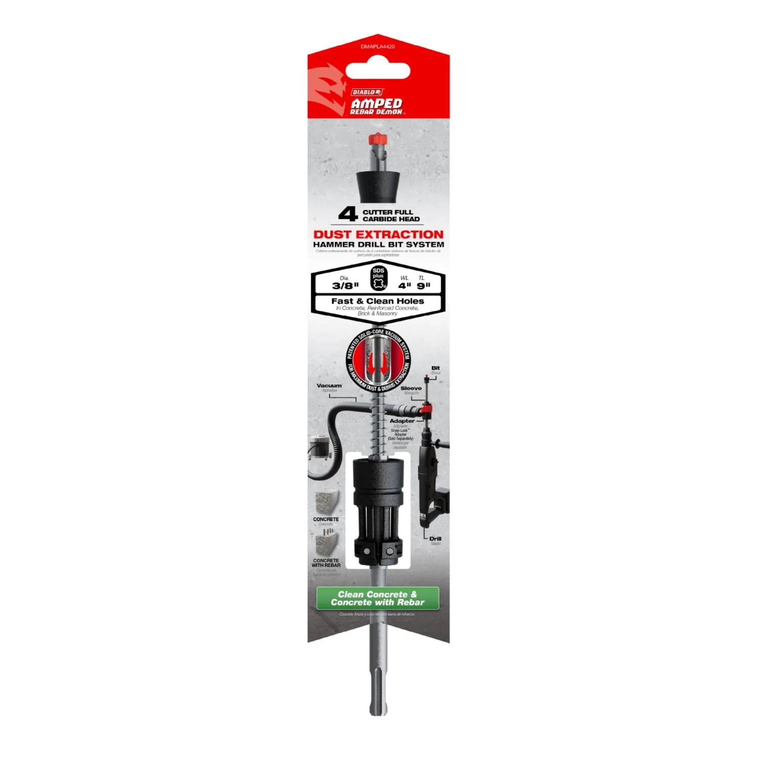 Diablo DMAPLA4420 3/8-in. x 4-in. x 9-in. AMPED Rebar Demon SDS-Plus 4-Cutter Full Carbide Head Dust Extraction Hammer Drill Bit - Image 2
