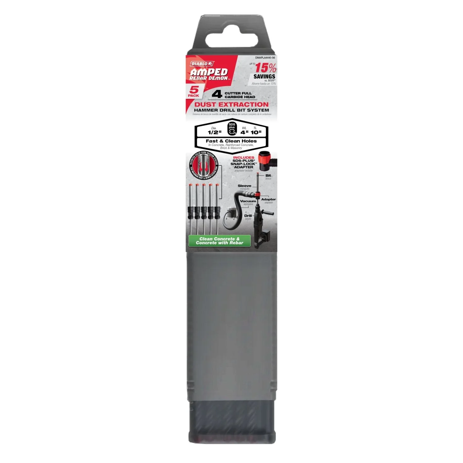 Diablo DMAPLA4440-S6 1/2-in. x 4-in. x 10-in. AMPED Rebar Demon SDS-Plus 4-Cutter Full Carbide Head Dust Extraction Hammer Drill Bit, 5-Pack - Image 2