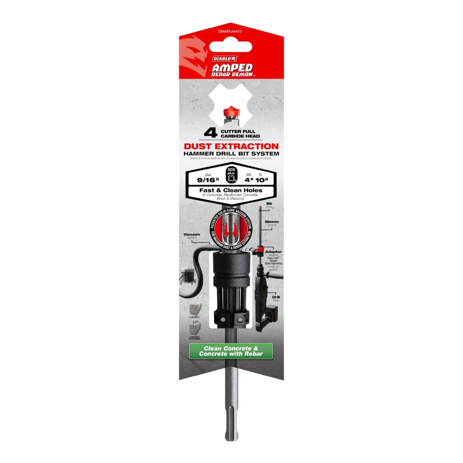 Diablo DMAPLA4470 9/16-in. x 4-in. x 10-in. AMPED Rebar Demon SDS-Plus 4-Cutter Full Carbide Head Dust Extraction Hammer Drill Bit - Image 2