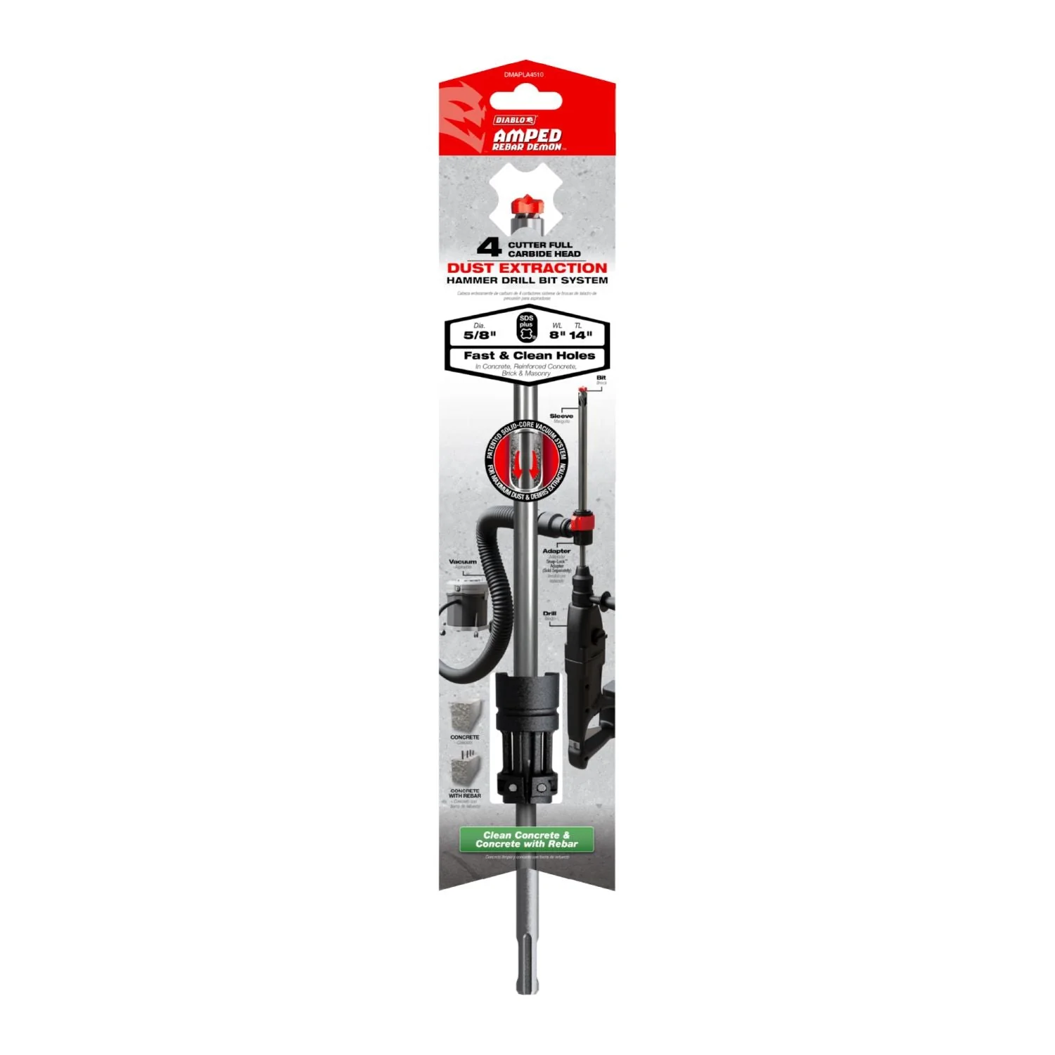 Diablo DMAPLA4510 5/8-in. x 8-in. x 14-in. AMPED Rebar Demon SDS-Plus 4-Cutter Full Carbide Head Dust Extraction Hammer Drill Bit - Image 2
