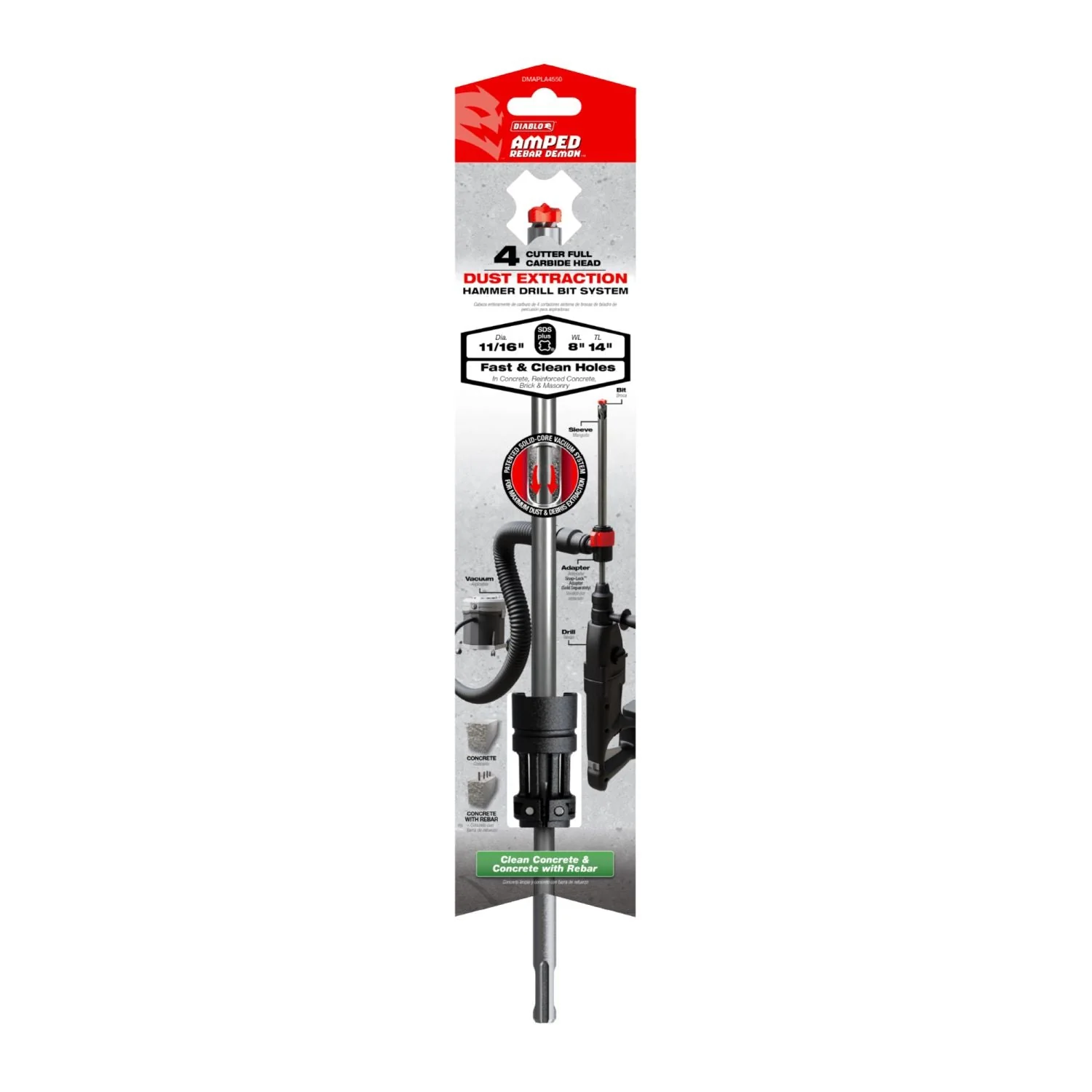 Diablo DMAPLA4550 11/16-in. x 8-in. x 14-in. AMPED Rebar Demon SDS-Plus 4-Cutter Full Carbide Head Dust Extraction Hammer Drill Bit - Image 2