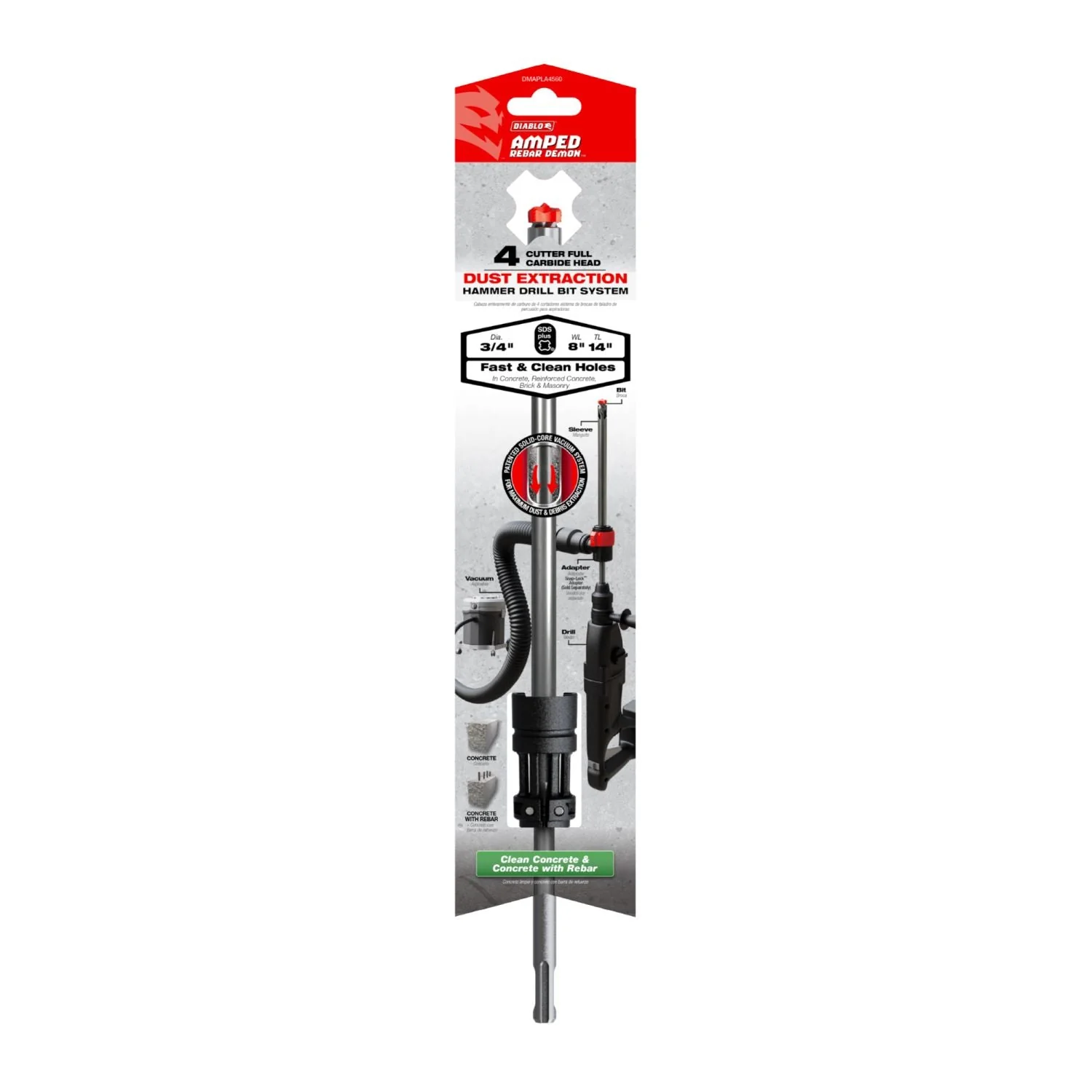 Diablo DMAPLA4560 3/4-in. x 8-in. x 14-in. AMPED Rebar Demon SDS-Plus 4-Cutter Full Carbide Head Dust Extraction Hammer Drill Bit - Image 2