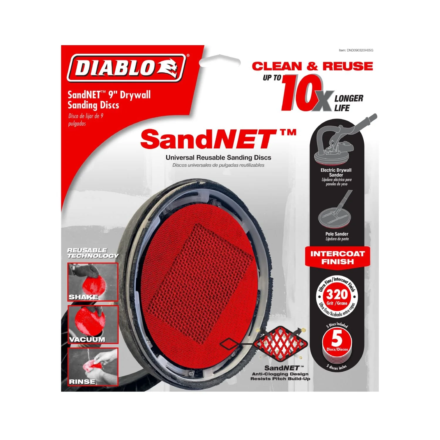 Diablo DND090320H05G 9 in. 320 Grit SandNET Sanding Discs for Drywall (5-Pack) - Image 2