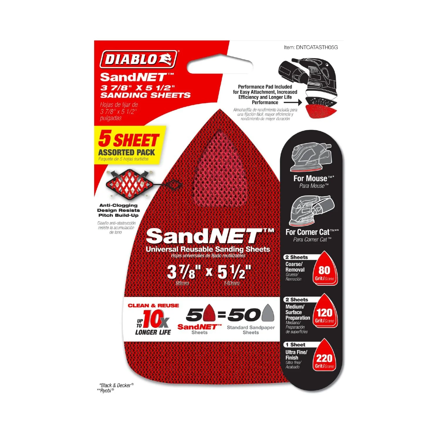 Diablo DNTCATASTH05G 3-7/8 in. x 5-1/2 in. CAT/Mouse SandNET Assorted Reusable Sanding Sheets (5-Piece) - Image 2