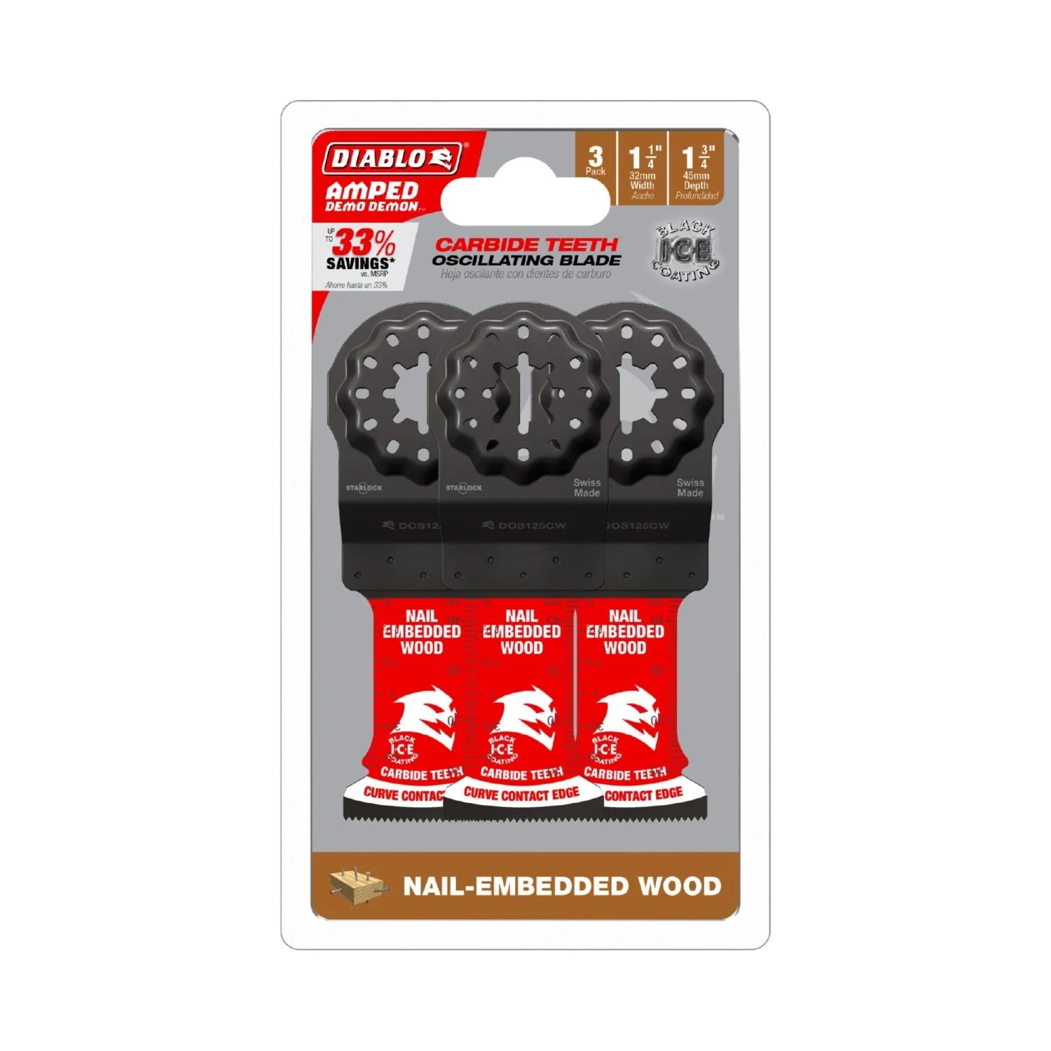 Diablo DOS125CW3 AMPED Demo Demon 1-1/4 in. Starlock Carbide Teeth Oscillating Blade for Nail-Embedded Wood (3-Pack) - Image 2