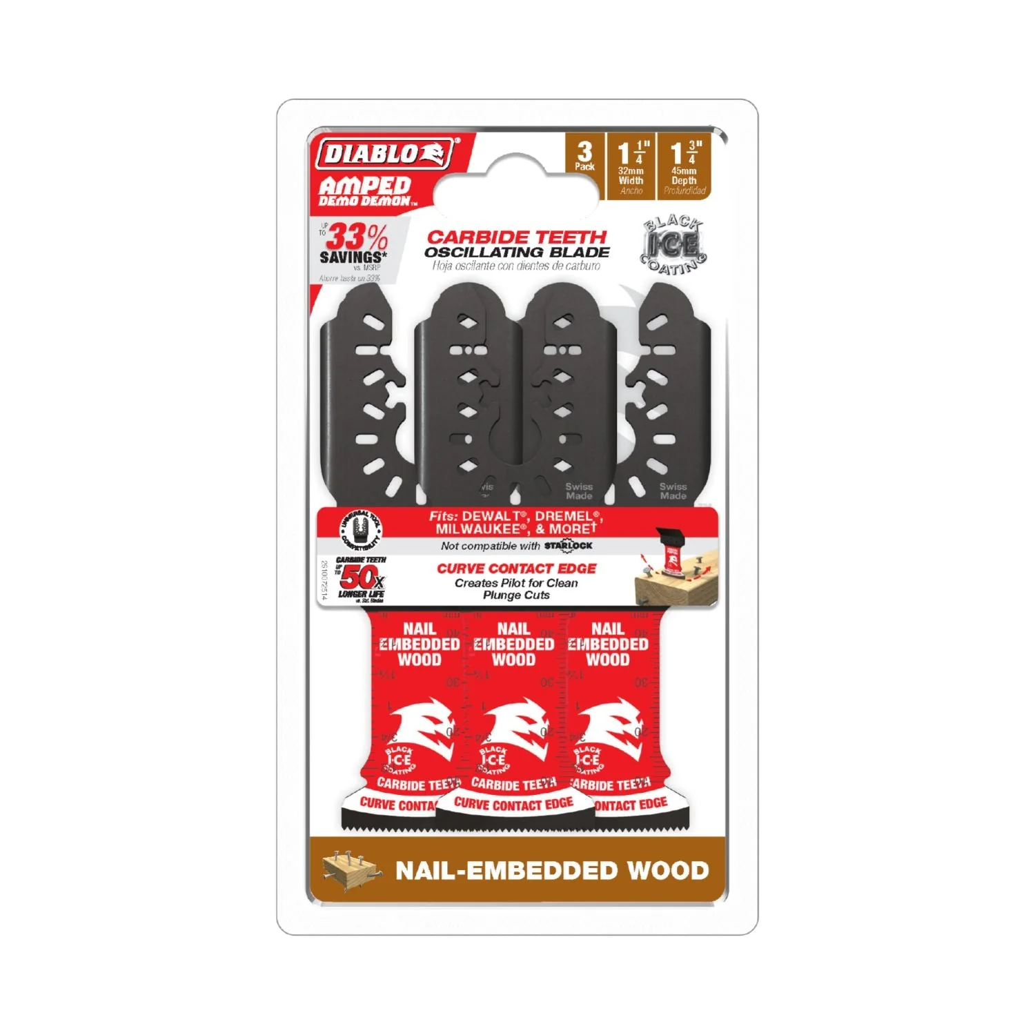 Diablo DOU125CW3 AMPED Demo Demon 1-1/4 in. Universal Carbide Teeth Oscillating Blade for Nail-Embedded Wood (3-Pack) - Image 2