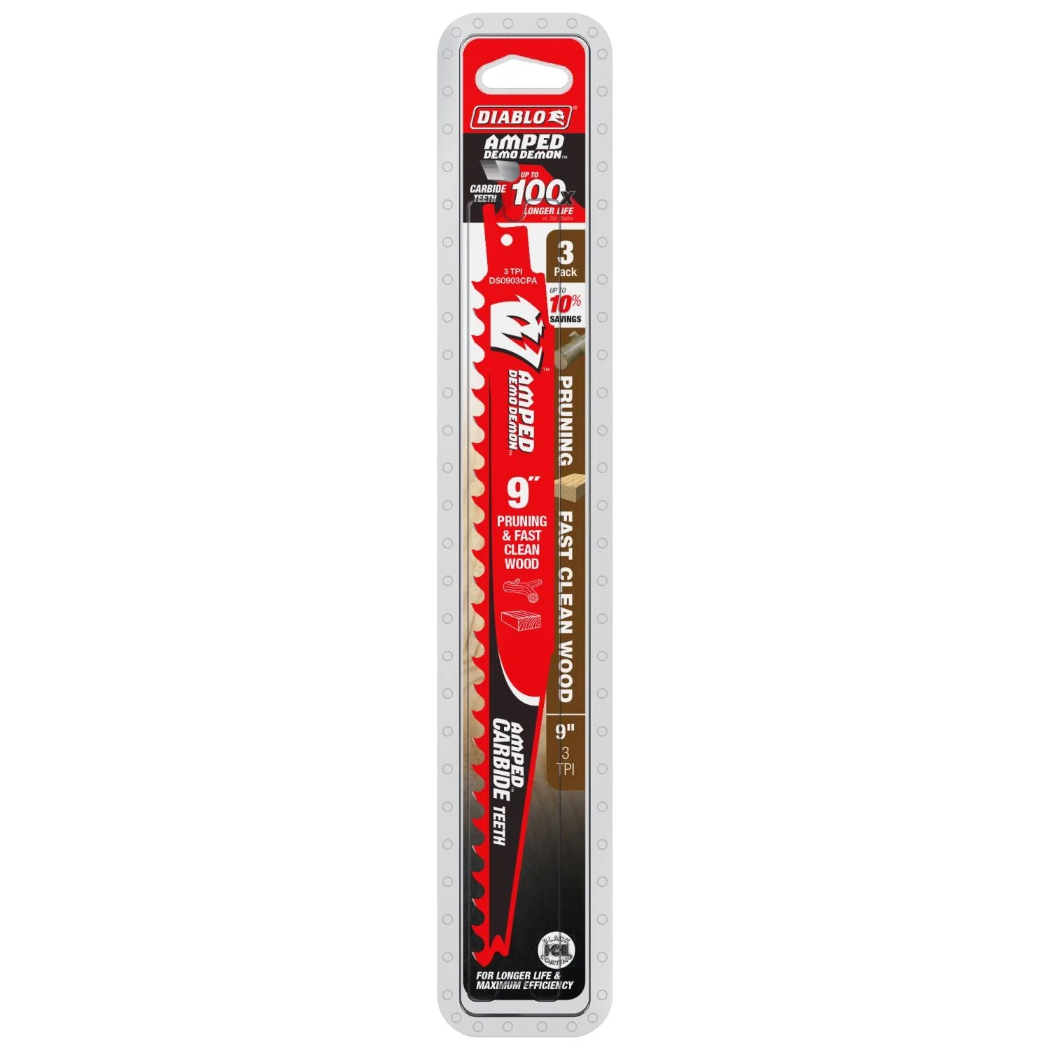 Diablo DS0903CPA3 AMPED Demo Demon 9 in. 3 TPI Carbide Teeth Reciprocating Saw Blade for Pruning and Clean Wood (3-Pack) - Image 2