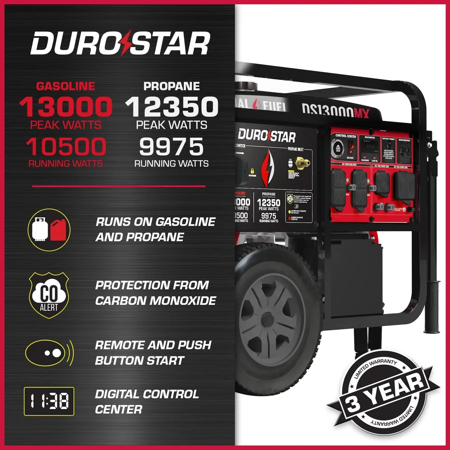 Duromax DS13000MX 13,000 Watt Dual Fuel Portable Generator w/ CO Alert - Image 2