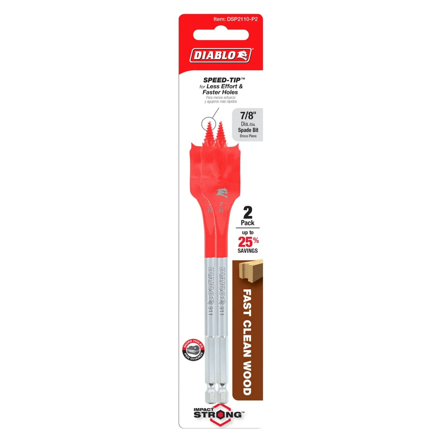 Diablo DSP2110-P2 7/8-in. x 6-in. Spade Bits for Wood, 2-Pack - Image 1