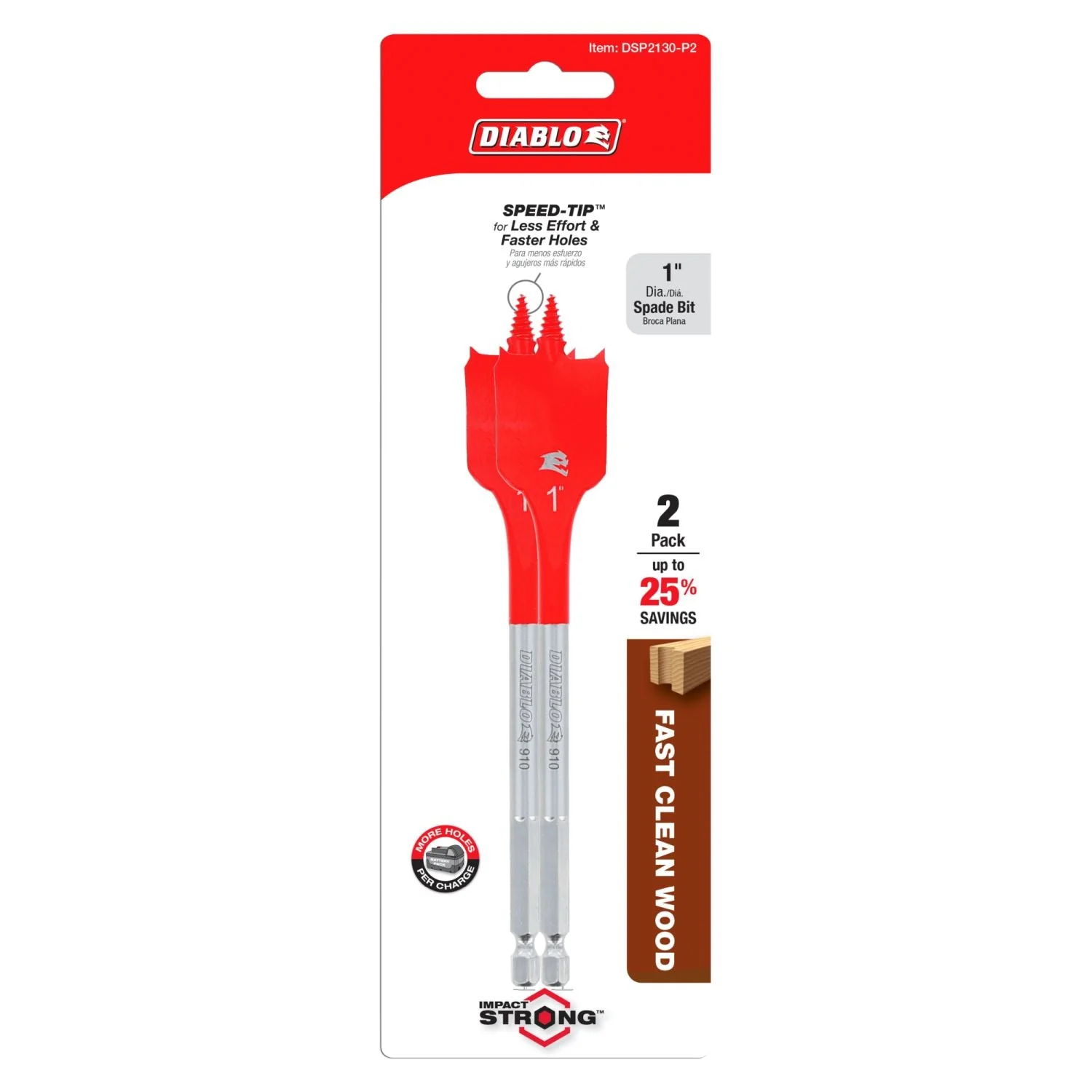 Diablo DSP2130-P2 1-in. x 6-in. Spade Bits for Wood, 2-Pack - Image 1