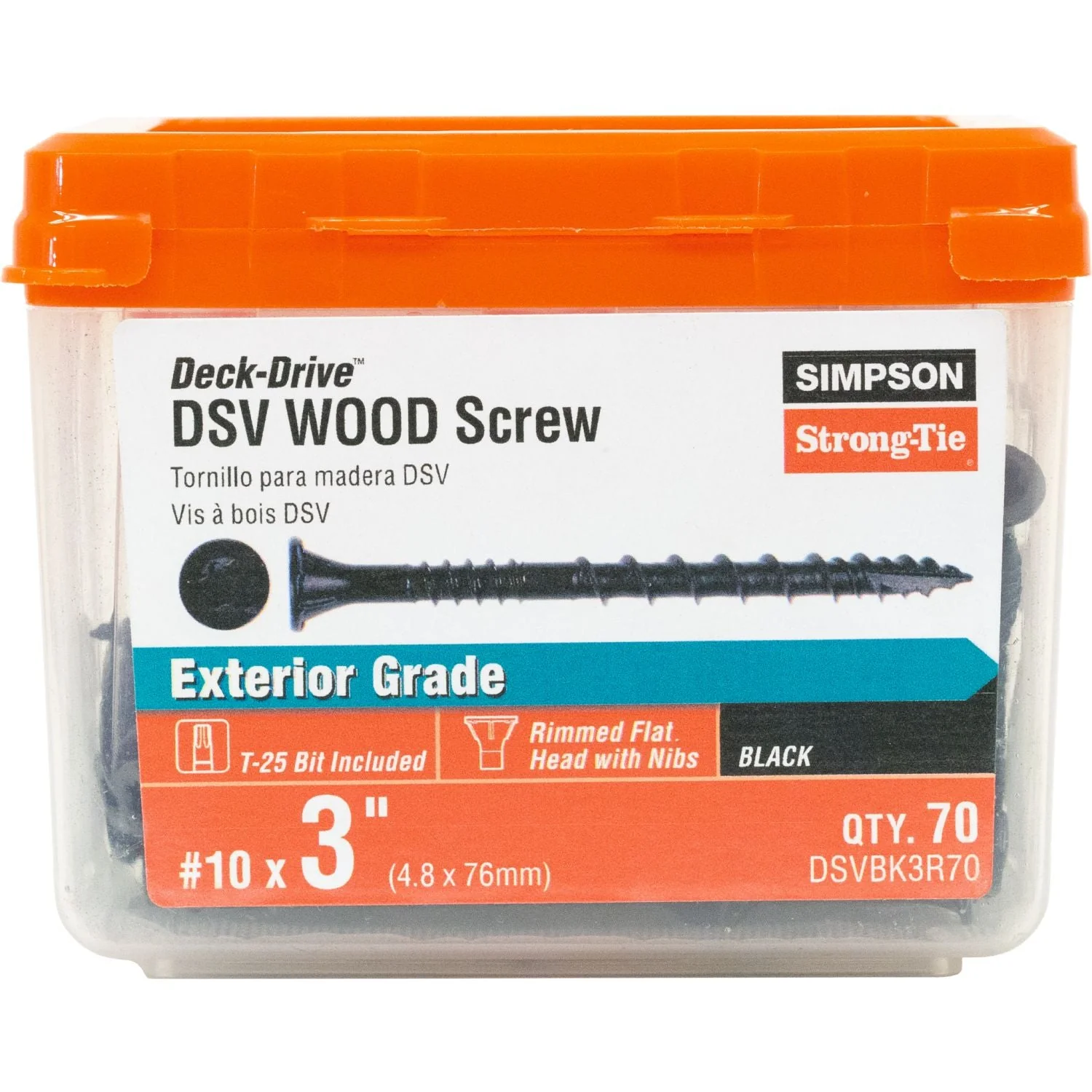 Simpson Strong-Tie DSVBK3R70 Deck-Drive DSV WOOD Screw,  #10 x 3-in. T25, Flat Head, Quik Guard, Black, 70-Pack - Image 3
