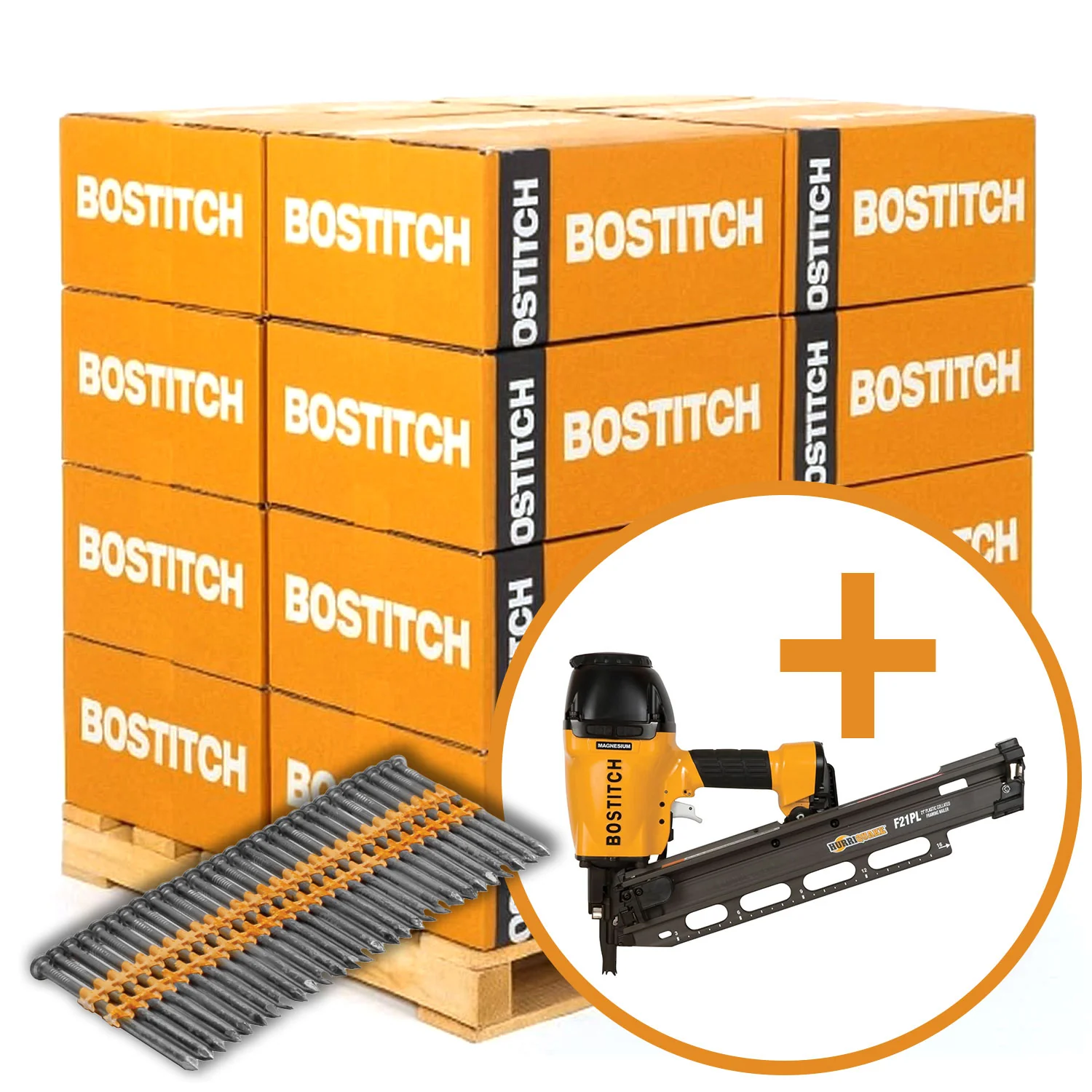 BOSTITCH DWRHS10DR131G 3-1/4-in. x .131-in. 21-Degree Plastic Collated Ring Shank Galvanized Framing Nails, 90 Boxes of 2000-Nails