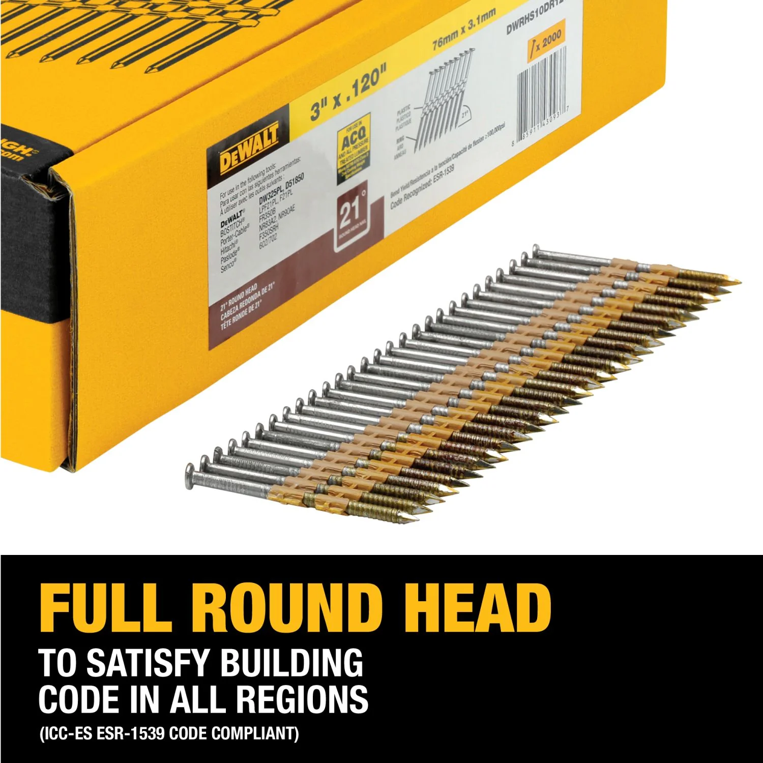 BOSTITCH DWRHS10DR120G 3-in. x .120-in. 21-Degree Plastic Collated Ring Shank Galvanized Framing Nails, 105 Boxes of 2000-Nails